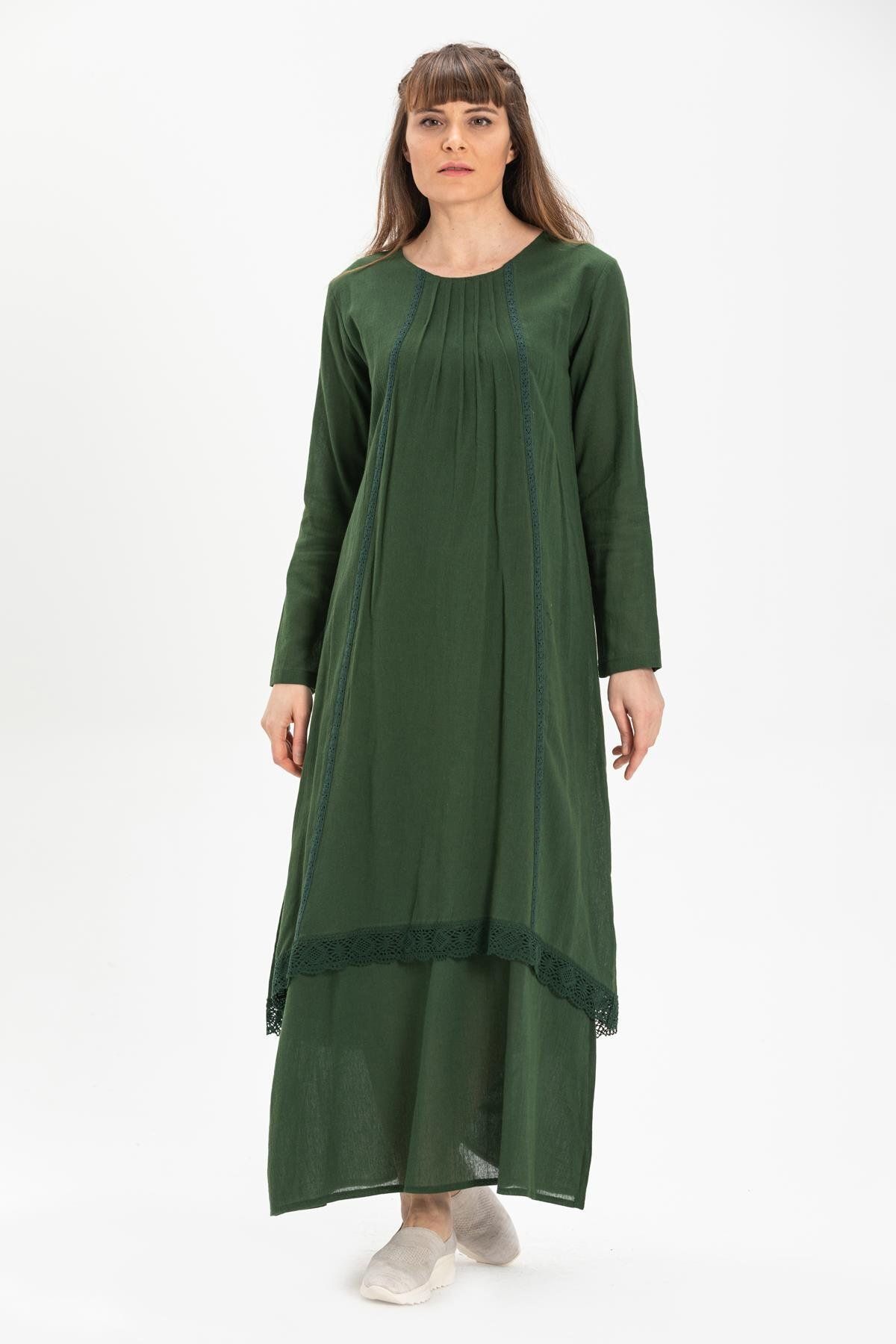 Eliş Şile Bezi Uzun Kol Şile Bezi Nervürlü Uzun Tesettür Elbise Yeşil Ysl