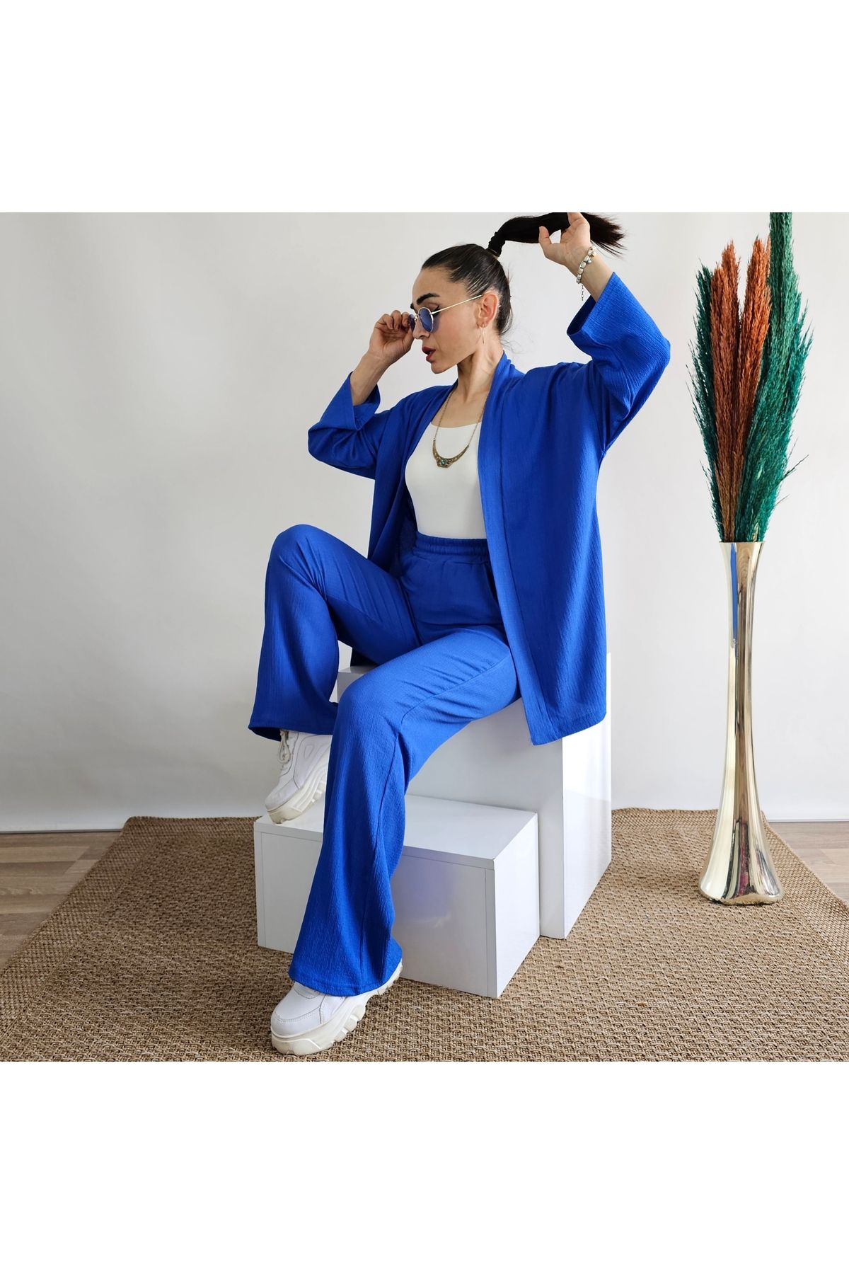 İpli Saks Renk Bol Paça Kimono Takım