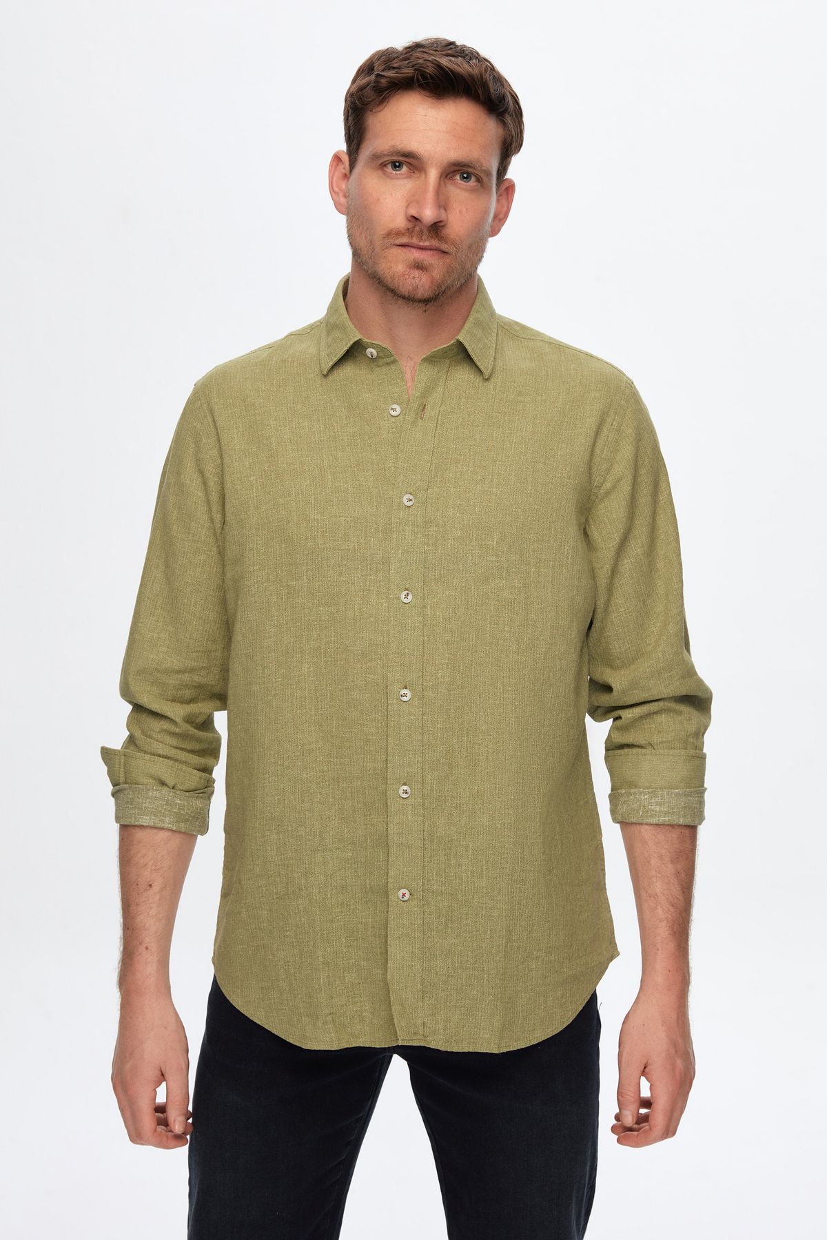 Damat Comfort Yeşil Keten Karışımlı Gömlek