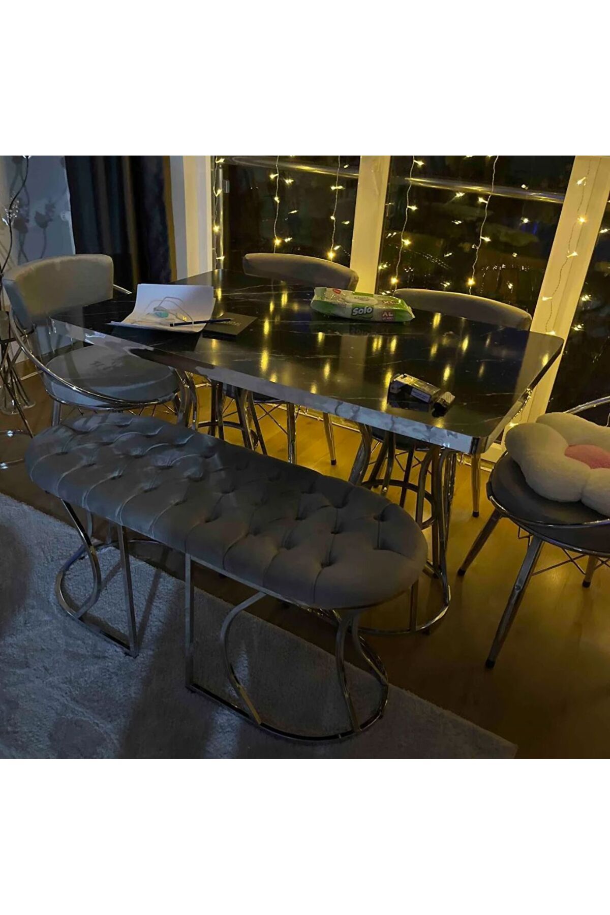 BY ORHAN GÜZEL Mutfak Masası Takımı, Salon Masa Takımı 6 Kişilik New Uzay Gümüş Benchli Salon Masa Takımı