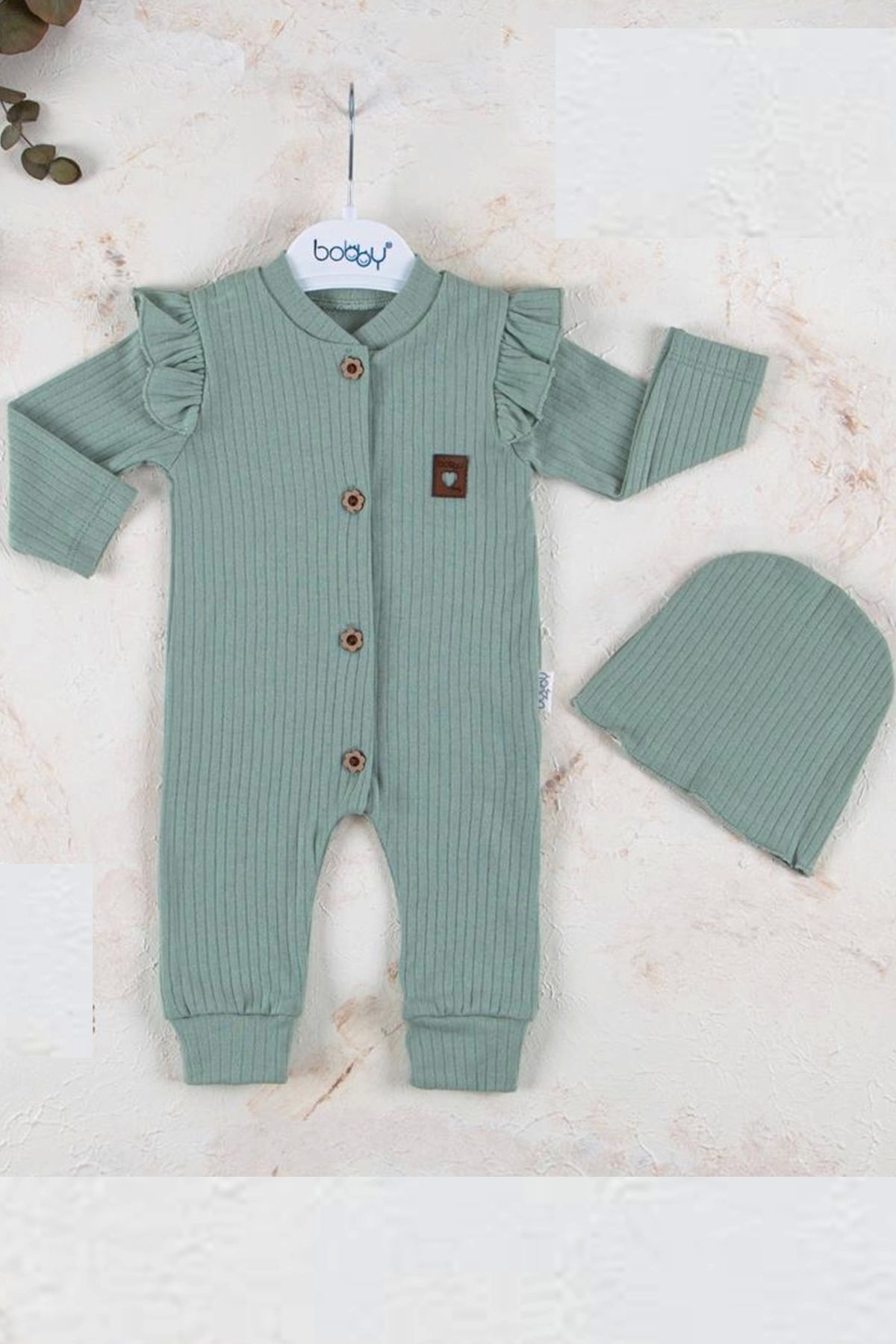 Babydonat Boydan Düğmeli Şapkalı % 100 Pamuk Kız Bebek Tulumu