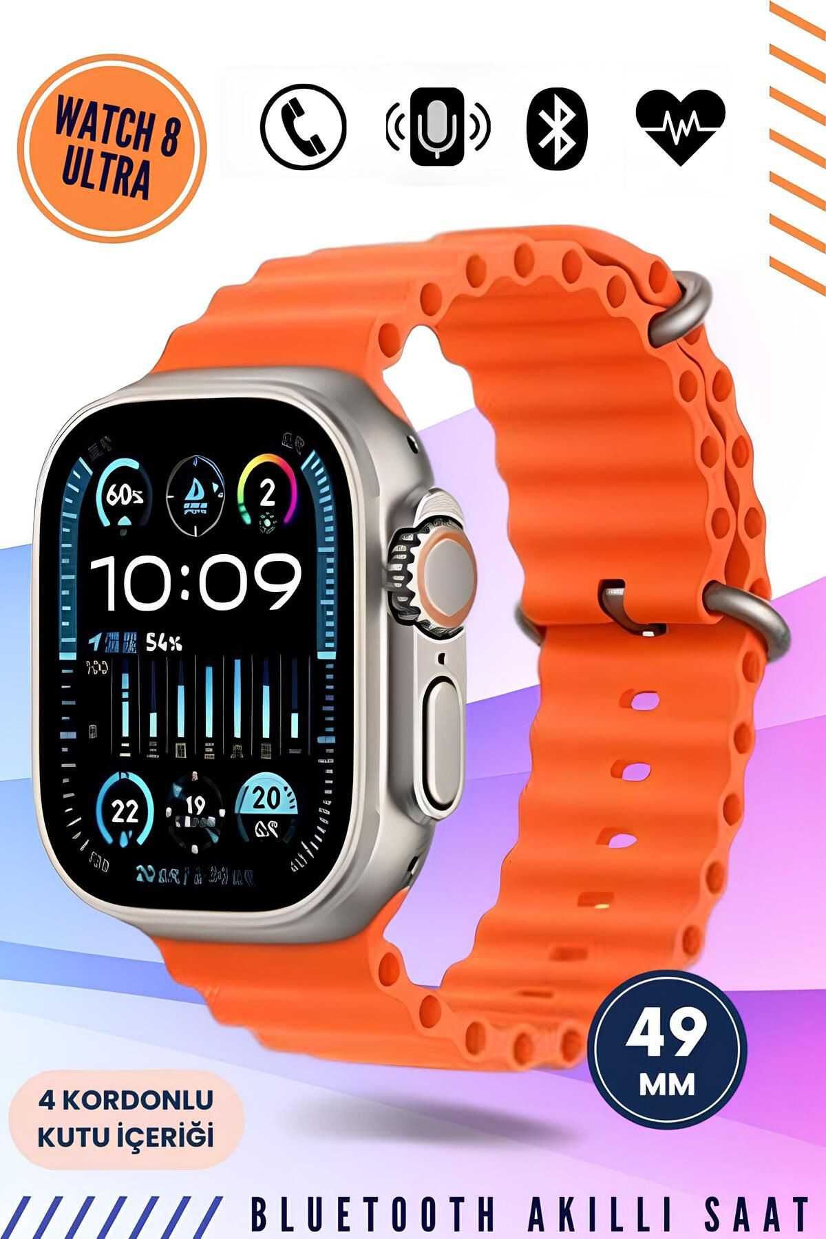 Favors Watch 8 Ultra 4 Kordonlu Akıllı Saat İos Android Uyumlu Türkçe Smartwatch T20 Ultra Turuncu Renk