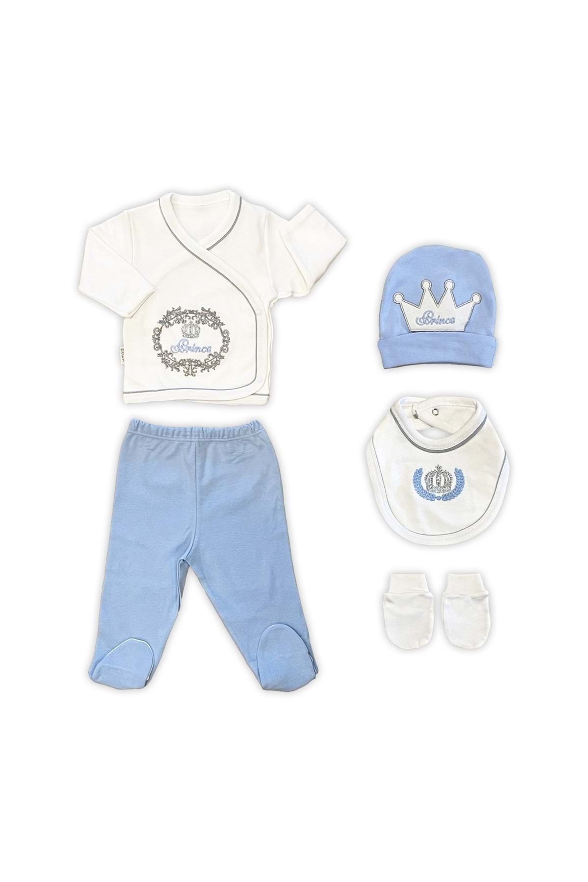 Sema Bebe Sema Baby Prens Lüks 5 Parça Hastane Çıkışı Zıbın Seti / Mavi