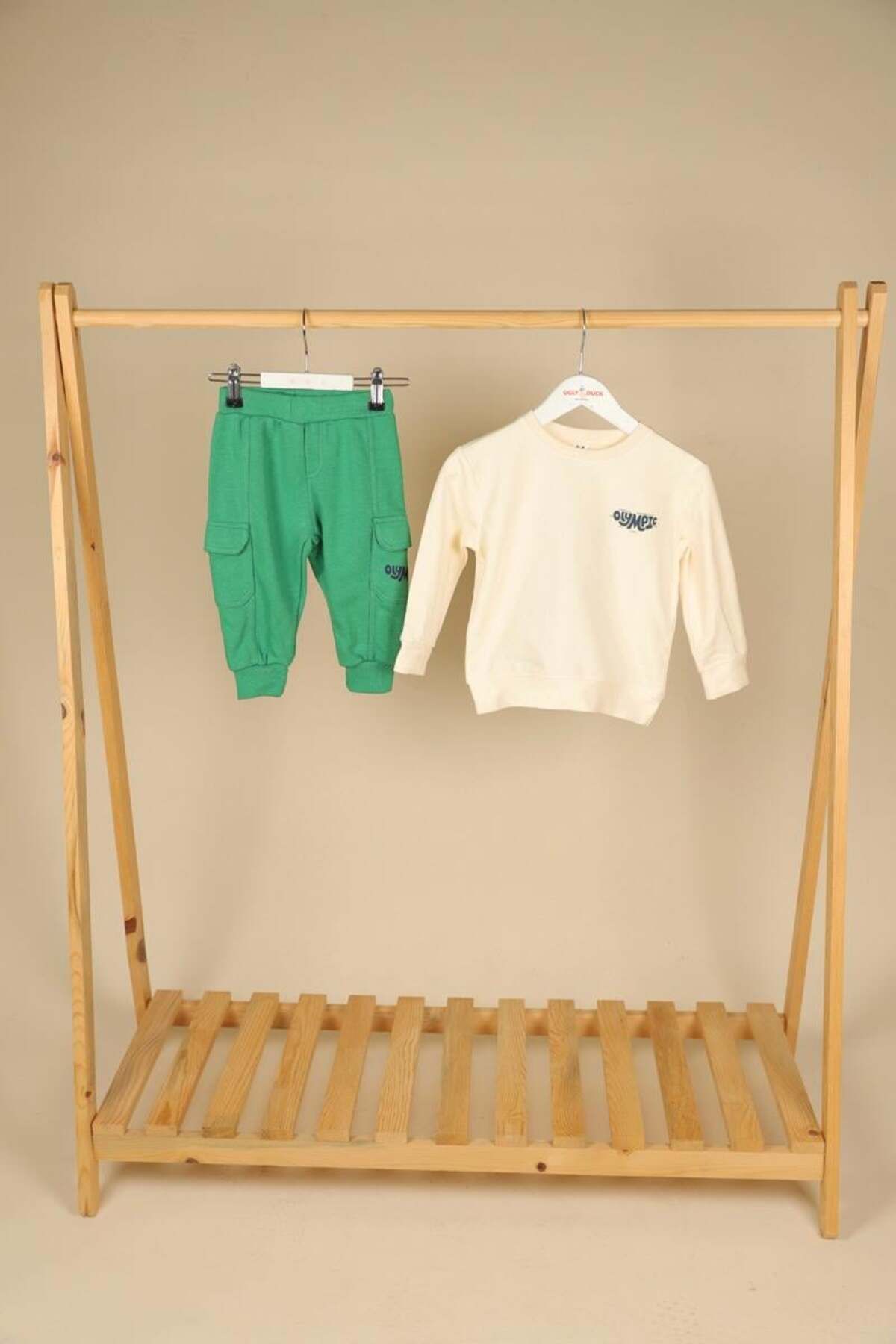 NK 09-36 Ay Erkek Bebek Ekru-Yeşil Renk Olympic Sweat Pantolon Takım