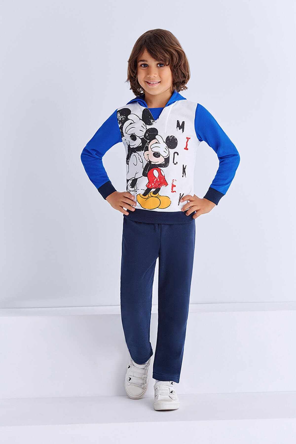 Mickey & Minnie Mouse & Minnie Mouse Lisanslı Erkek Çocuk Kapüşonlu Eşofman Takımı Krem - D4025-c