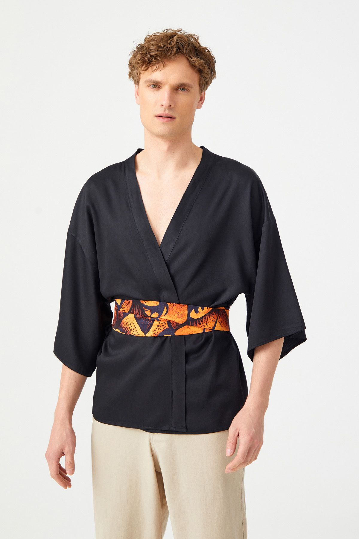 haori Siyah Kuş Kimono-kadın Erkek Uniseks Sürdürülebilir Tasarım Japon Düz Kuşak Kemer Şık Ceket