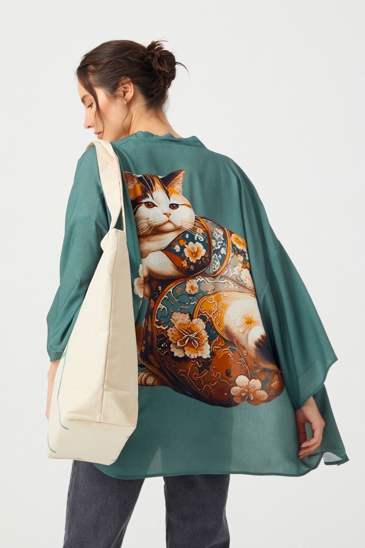 haori Kedi Kimono-kadın Erkek Uniseks Sürdürülebilir Tasarım Yeşil Kahve Japon Çiçek Şık Ceket Parti