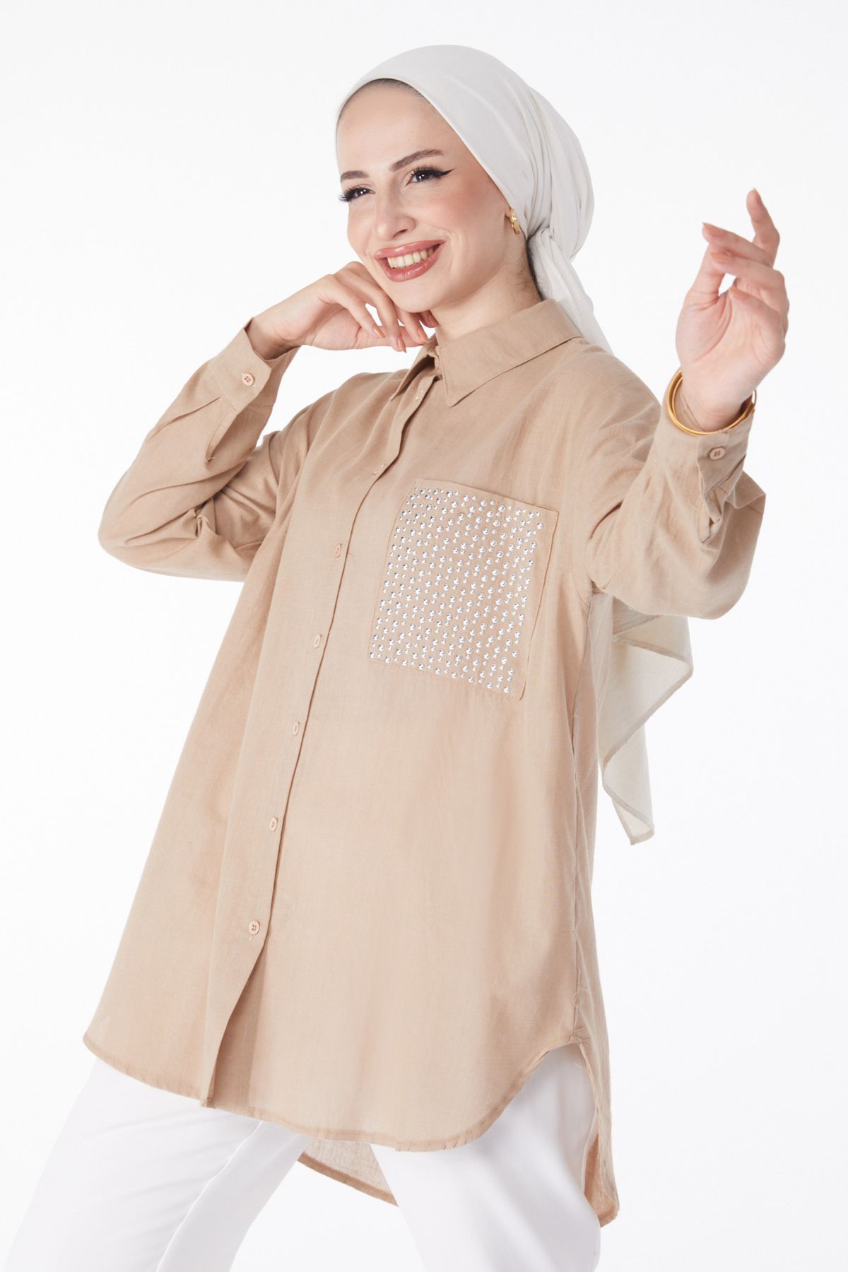 TOFİSA Düz Gömlek Yaka Kadın Vizon Cep Taş Detaylı Tunik - 13168