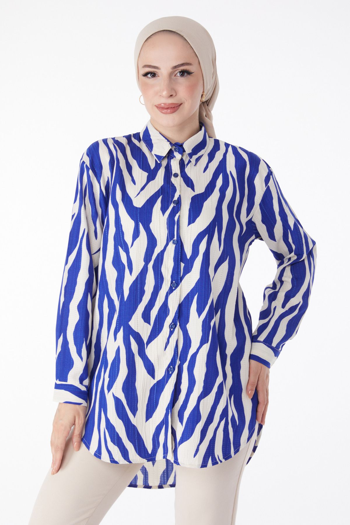TOFİSA Düz Gömlek Yaka Kadın Mavi Desenli Gömlek - 25051