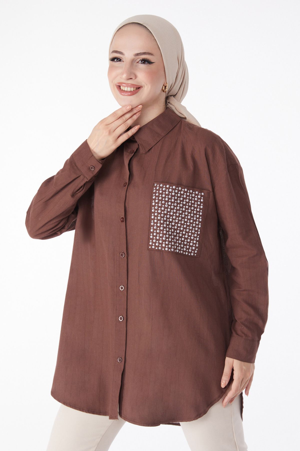 TOFİSA Düz Gömlek Yaka Kadın Kahverengi Cep Taş Detaylı Tunik - 13168
