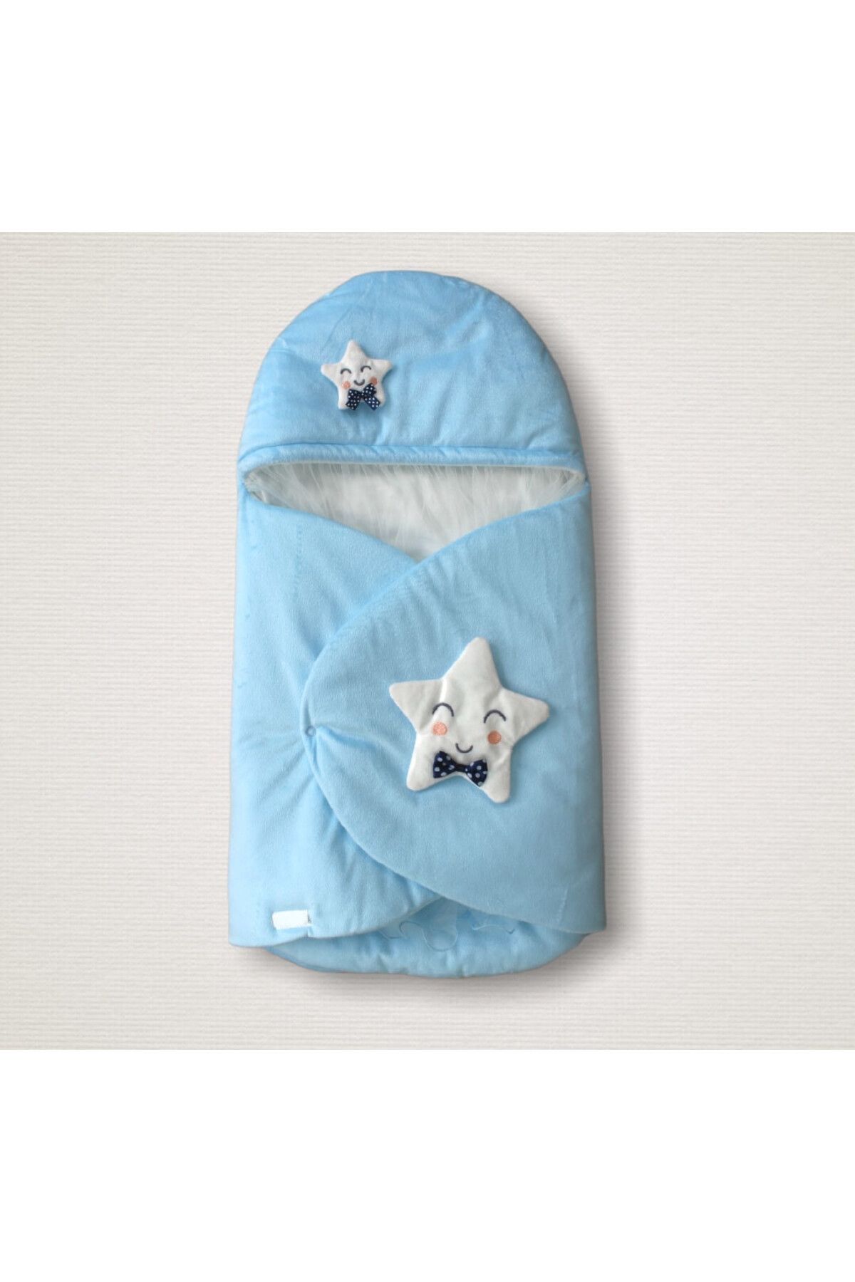 Babydroptr Yenidoğan Çift Yıldız Detaylı Şapkalı Duvaklı Erkek Bebek Klasik Kundak Bebek Battaniyesi