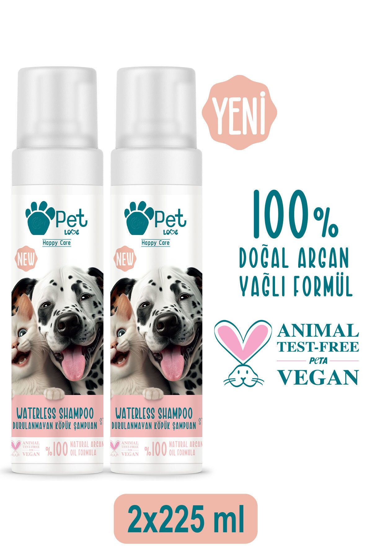 Pet Love Durulanmayan Köpük Şampuan Çilek 2x225 ml 100% Doğal Argan Yağlı