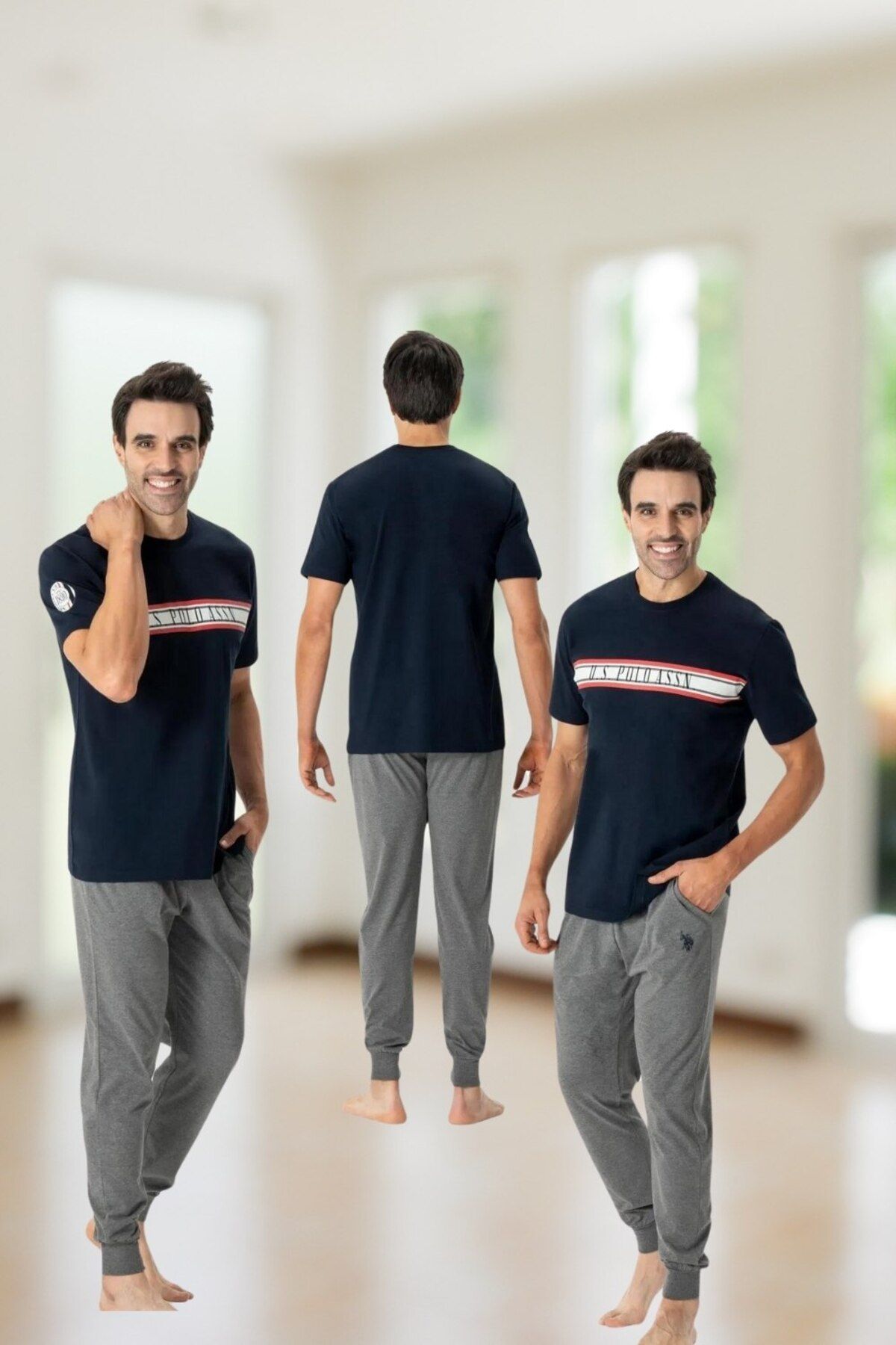 U.S. Polo Assn. Erkek Lacivert Logo Detaylı T-shirt & Lastikli Paça Antrasit Yaz sezonu Pijama Takımı