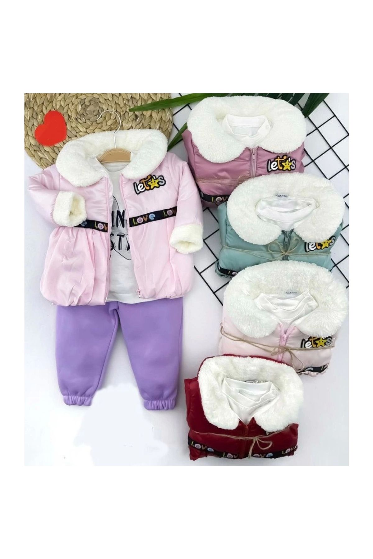 Narnuga Tüylü Yaka Manşet Mont Lastik Paça Pantolon Uzun Kollu Sweatli 3lü Kız Bebek Takımı
