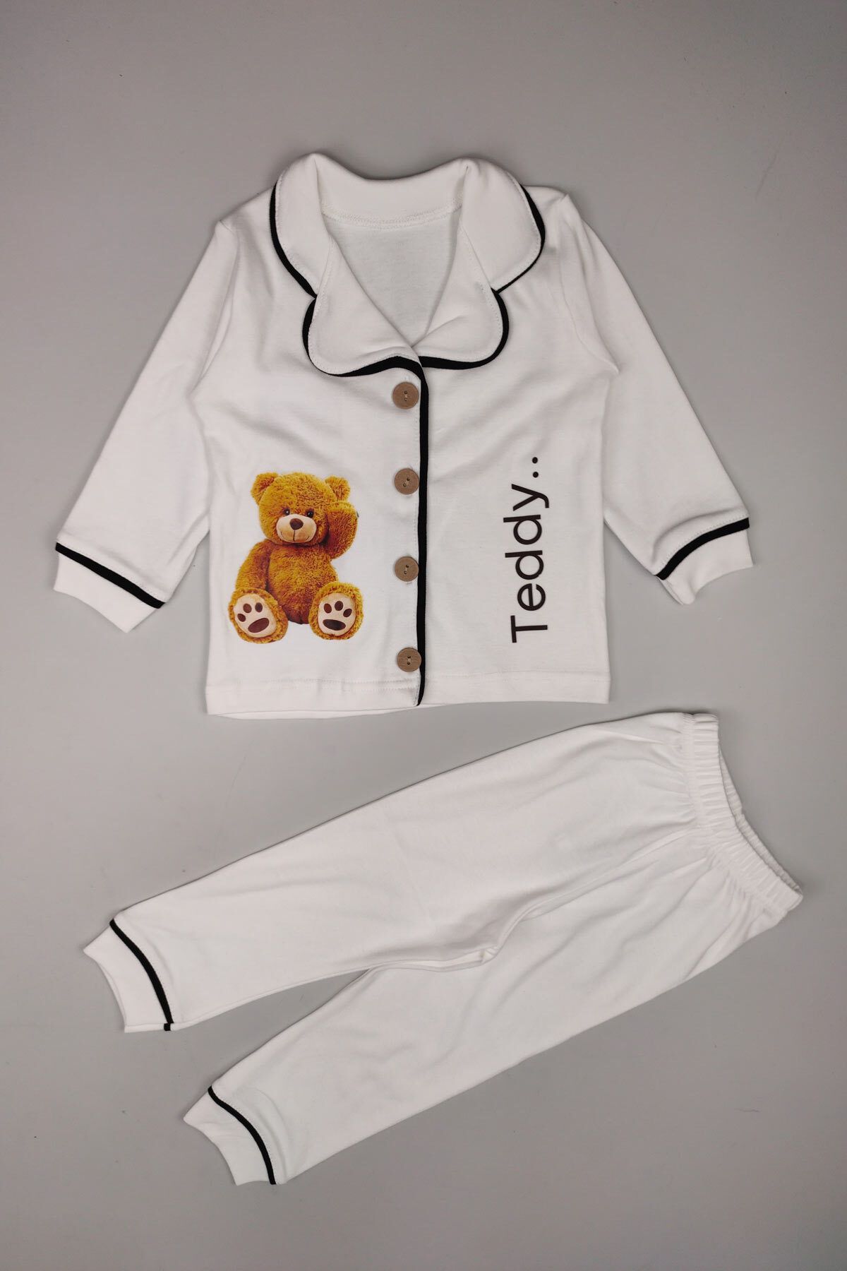Peki Bebek 5al4öde Çocuk Pamuklu Teddy Bear Ahsap Ceket Yaka Pijama Takimi 30derece Üstü Yikanmaz 15209