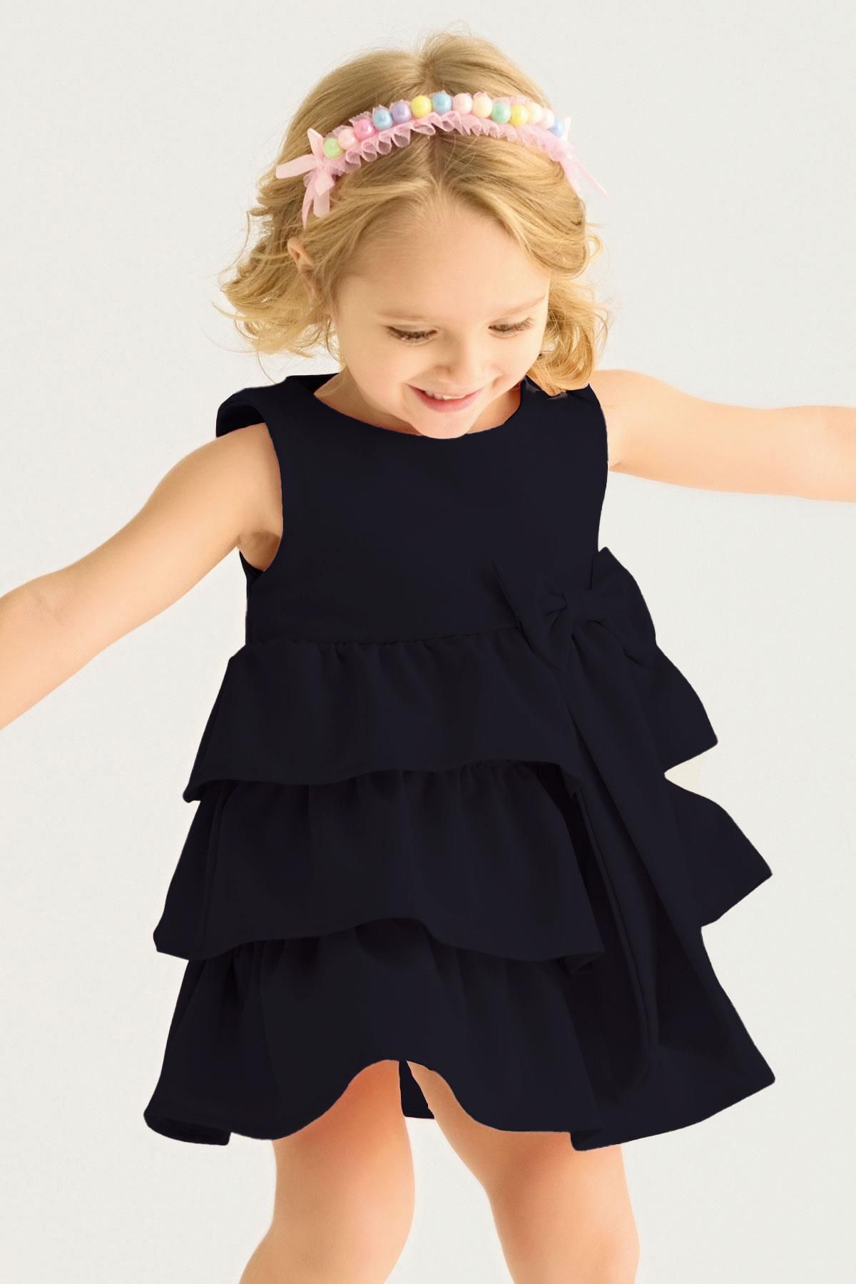 zepkids Kurdale Detaylı Eteği Fırfırlı Lacivert Renk Kız Çocuk Elbise