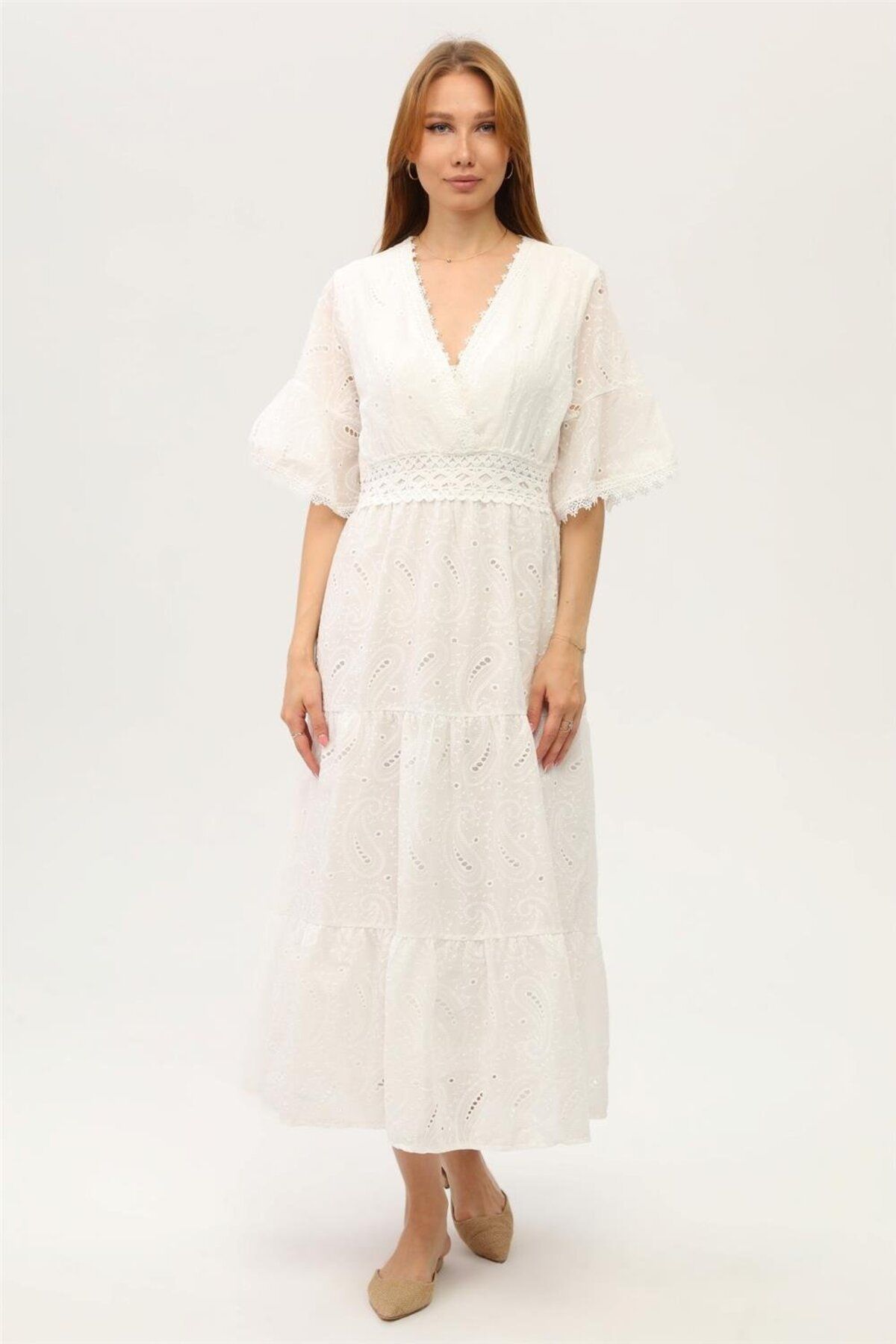 Home Store Elbise Uzun Fisto Motifli Kupaltı Bordürlü Anvelop Yaka - Beyaz