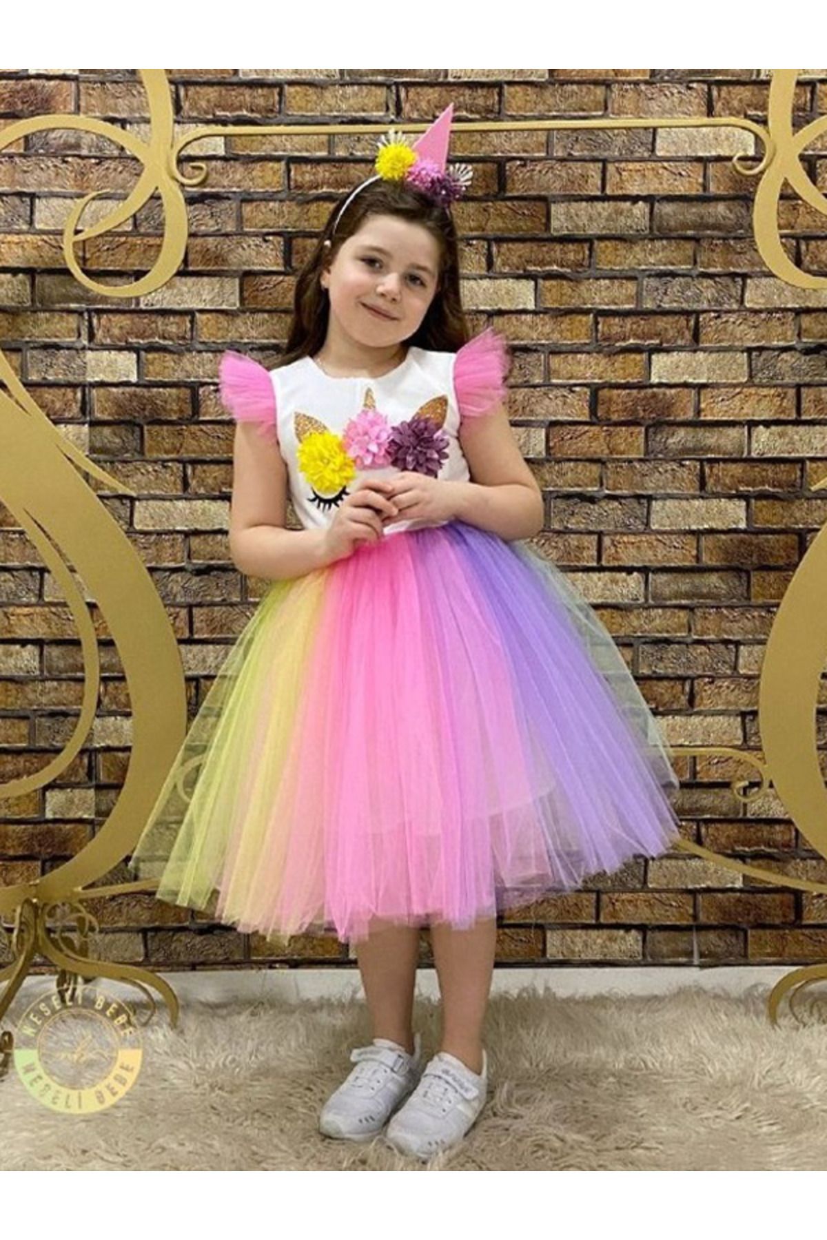 melek golden unicorn taçli kız çocuk elbise doğum günü elbise kız çocuk parti elbisesi