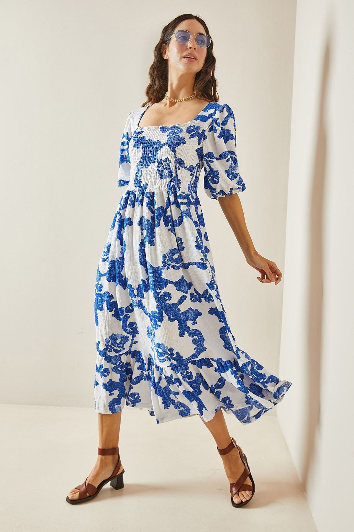 XHAN Mavi Desenli Gipe Detaylı Etek Ucu Fırfırlı Örme Elbise 5YXK6-48509-12