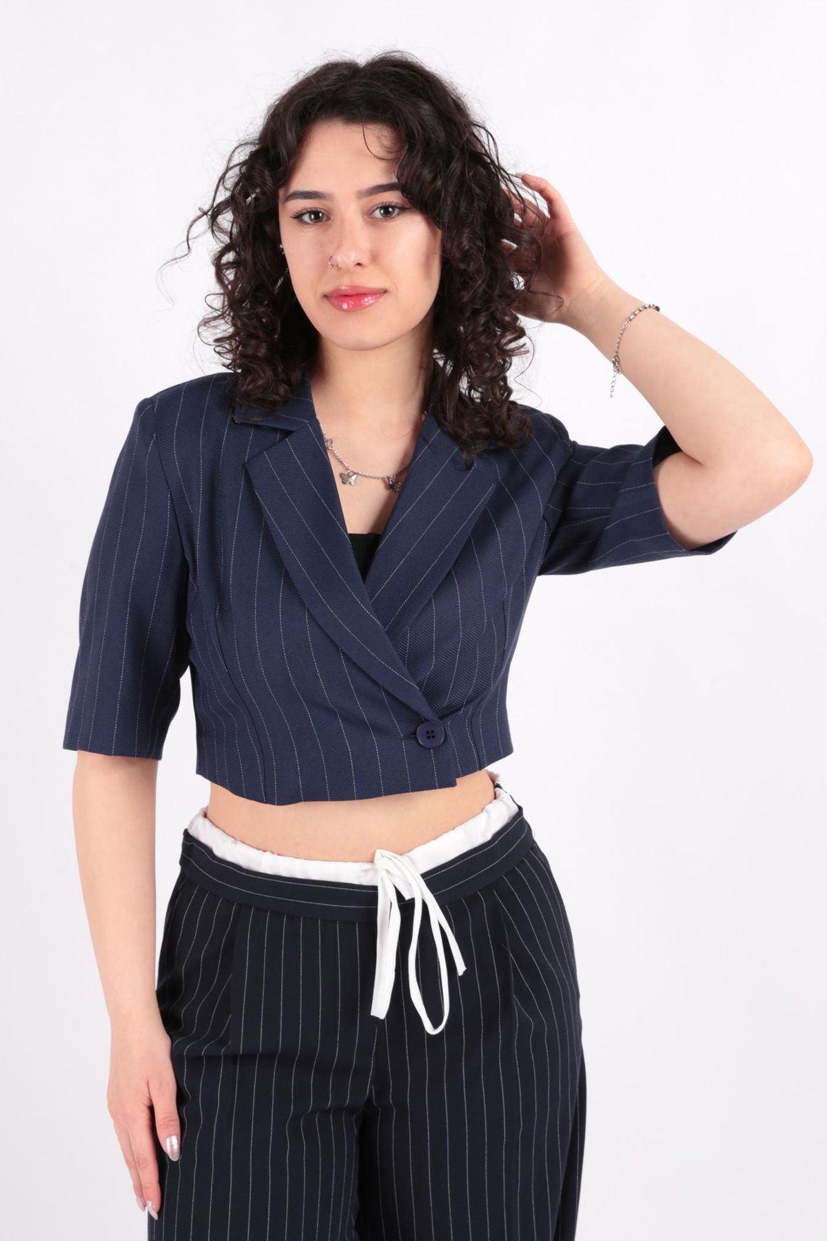 Puane Soul 31427 Kadın Kısa Kollu Çizgili Crop Blazer Ceket Ss