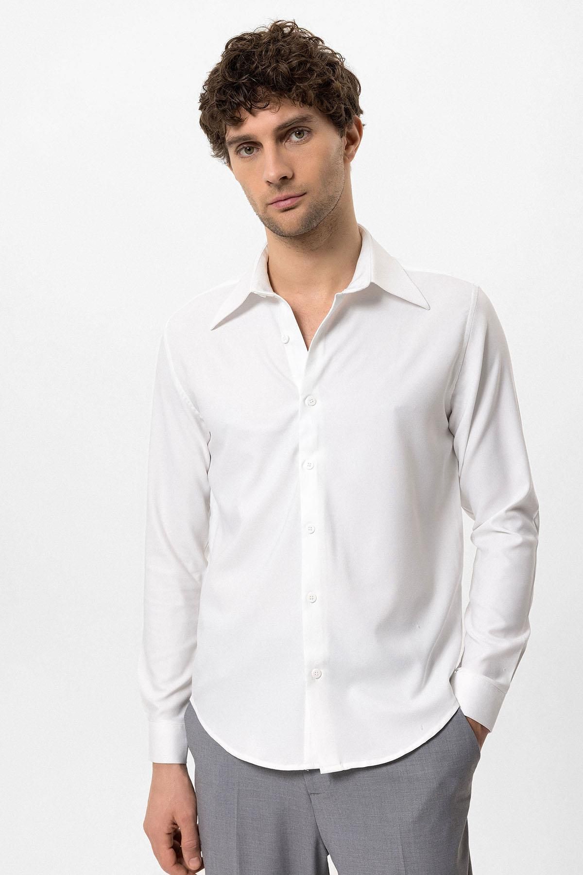 Antioch Beyaz Slim Fit Erkek Uzun Kollu Geniş Yaka Gömlek