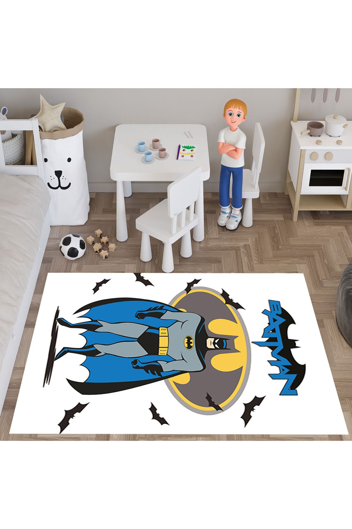 Evan Home Beyaz Batman Desenli  Dijital Baskı Yıkanabilir Kaymaz Taban Çocuk Odası Halısı
