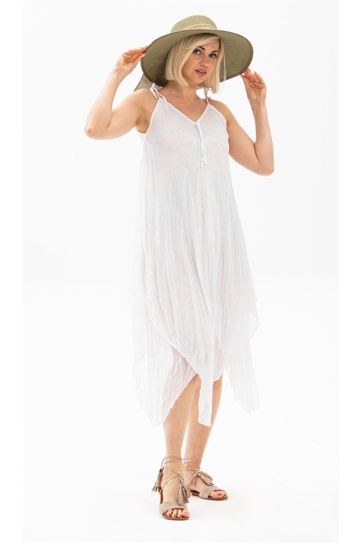 Eliş Şile Bezi Askılı Vual Afrodit Midi Boy Yazlık Elbise Beyaz 6050