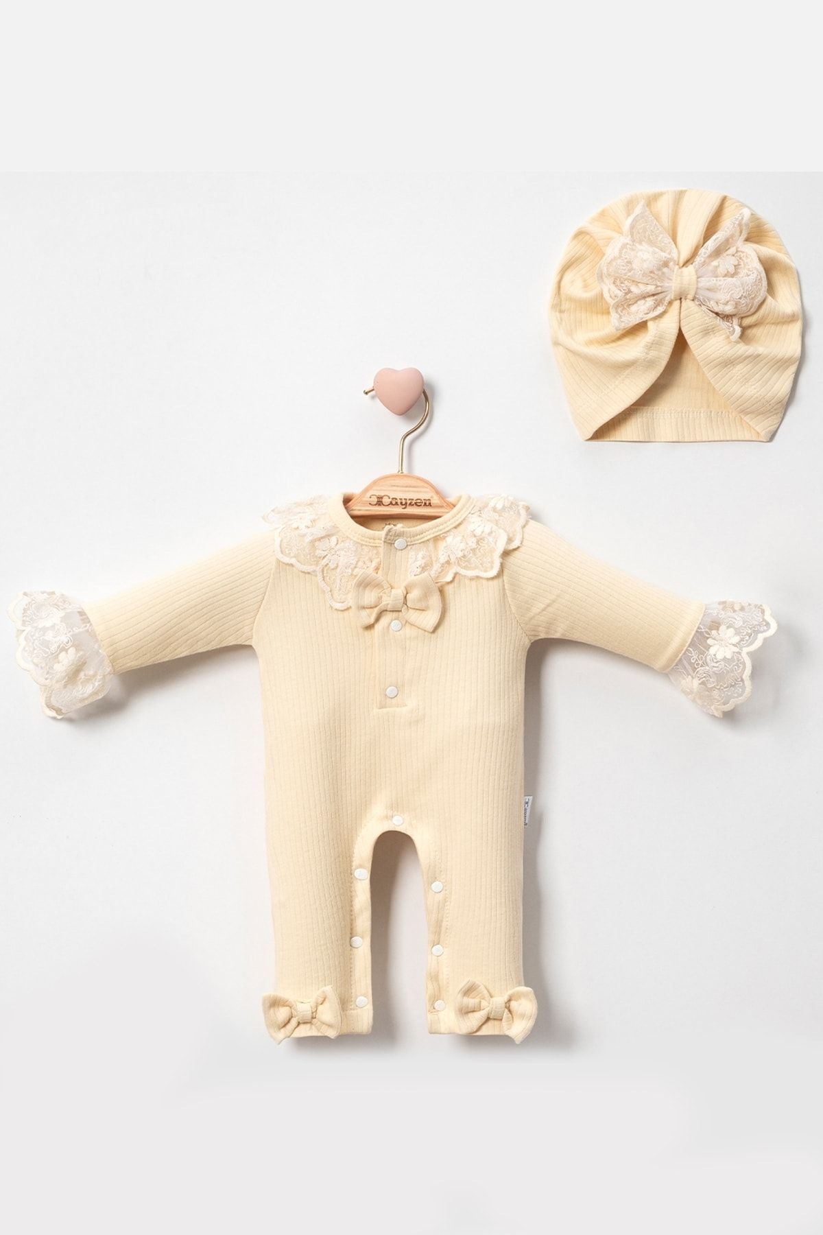 Babydonat Dantel Yaka Detaylı Şapkalı 2'Li Kız Bebek Tulum