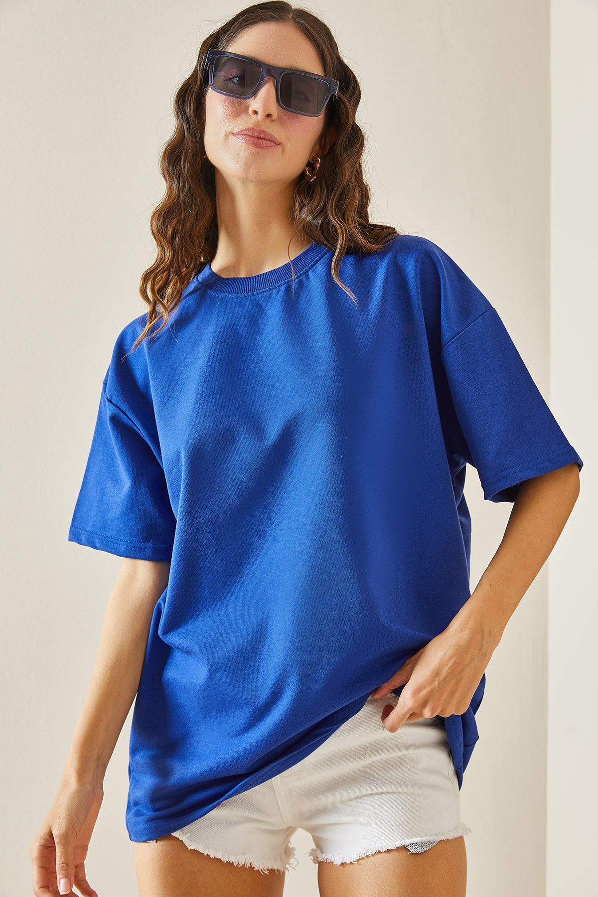 XHAN Lacivert Oversize Basic T-Shirt 3YXK1-47087-14