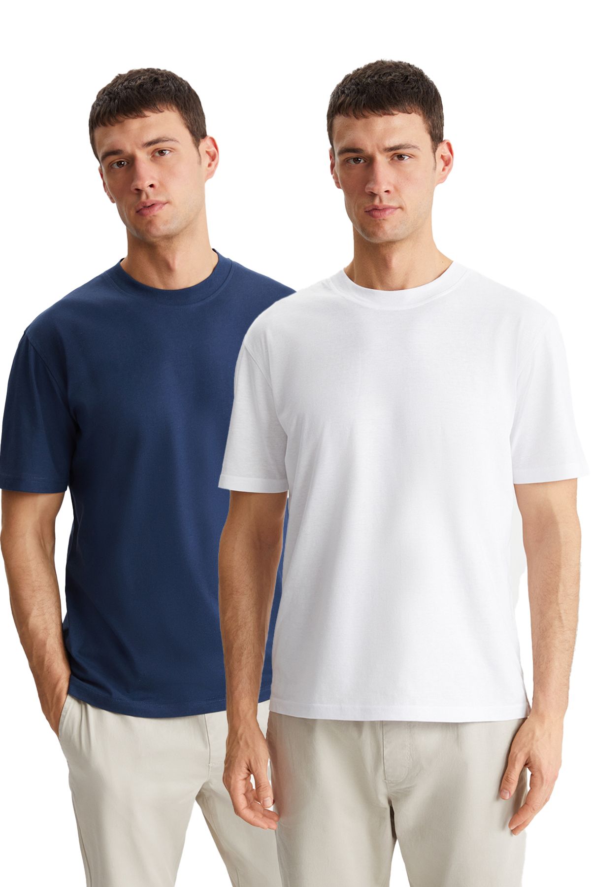 GRIMELANGE DAXTON Erkek %100 Pamuk 2'li Paket Kısa Kollu Regular Fit Baskılı Lacivert / Beyaz T-Shirt