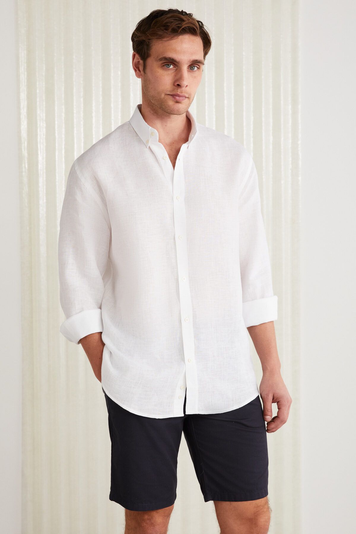 GRIMELANGE Brıce Erkek %100 Keten Kumaşlı Dökümlü Beyaz Gömlek