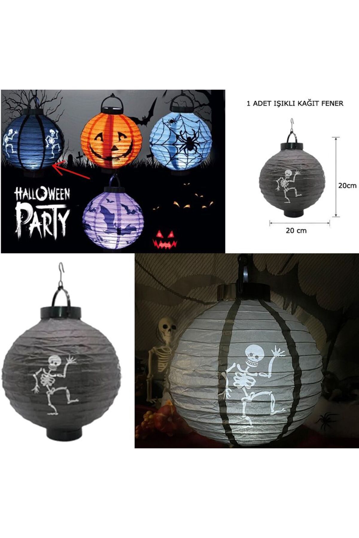 partidolu Halloween 20 Cm Led Işıklı Iskelet Desenli Siyah Renk Kağıt Japon Feneri 1adet