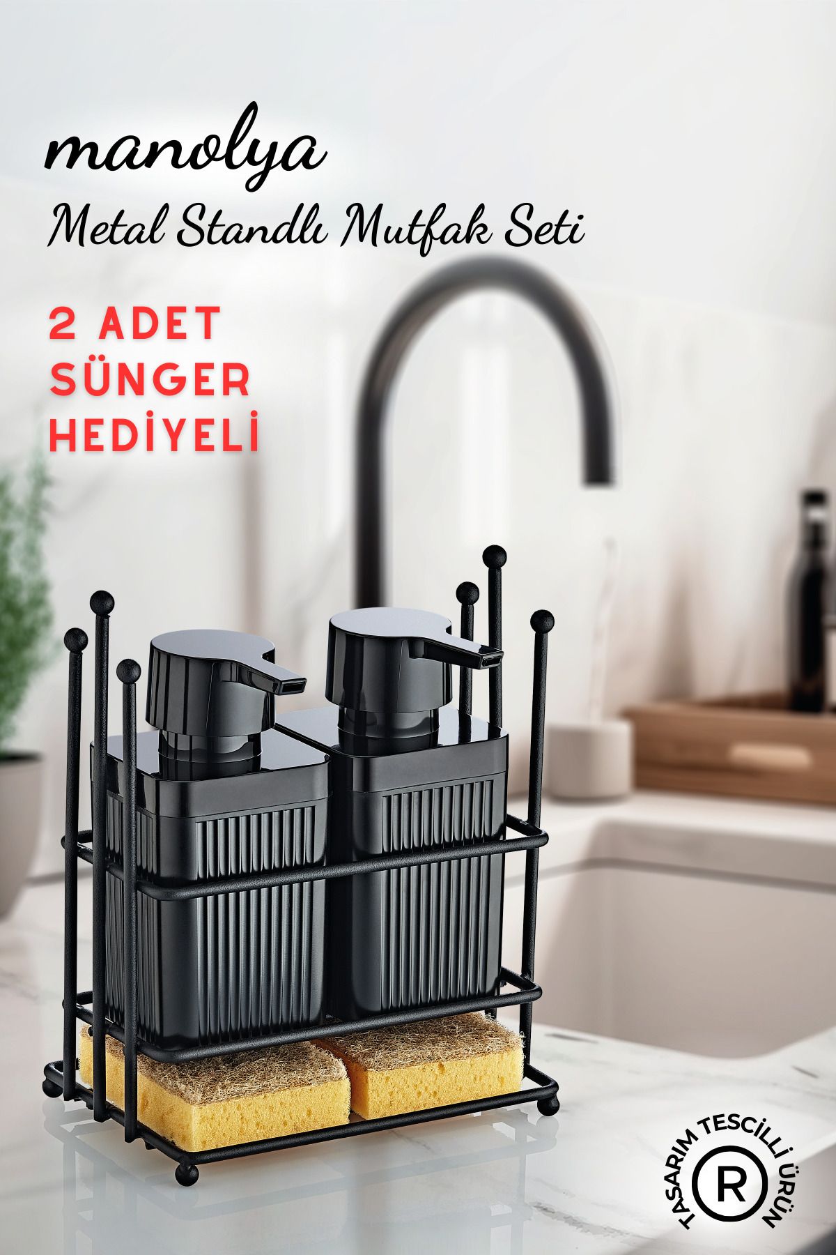 GRİMOR Life Manolya Metal Standlı Siyah Bulaşık Deterjanı ve Sıvı Sabunluk Mutfak Seti- 2 Adet Sünger Hediyeli