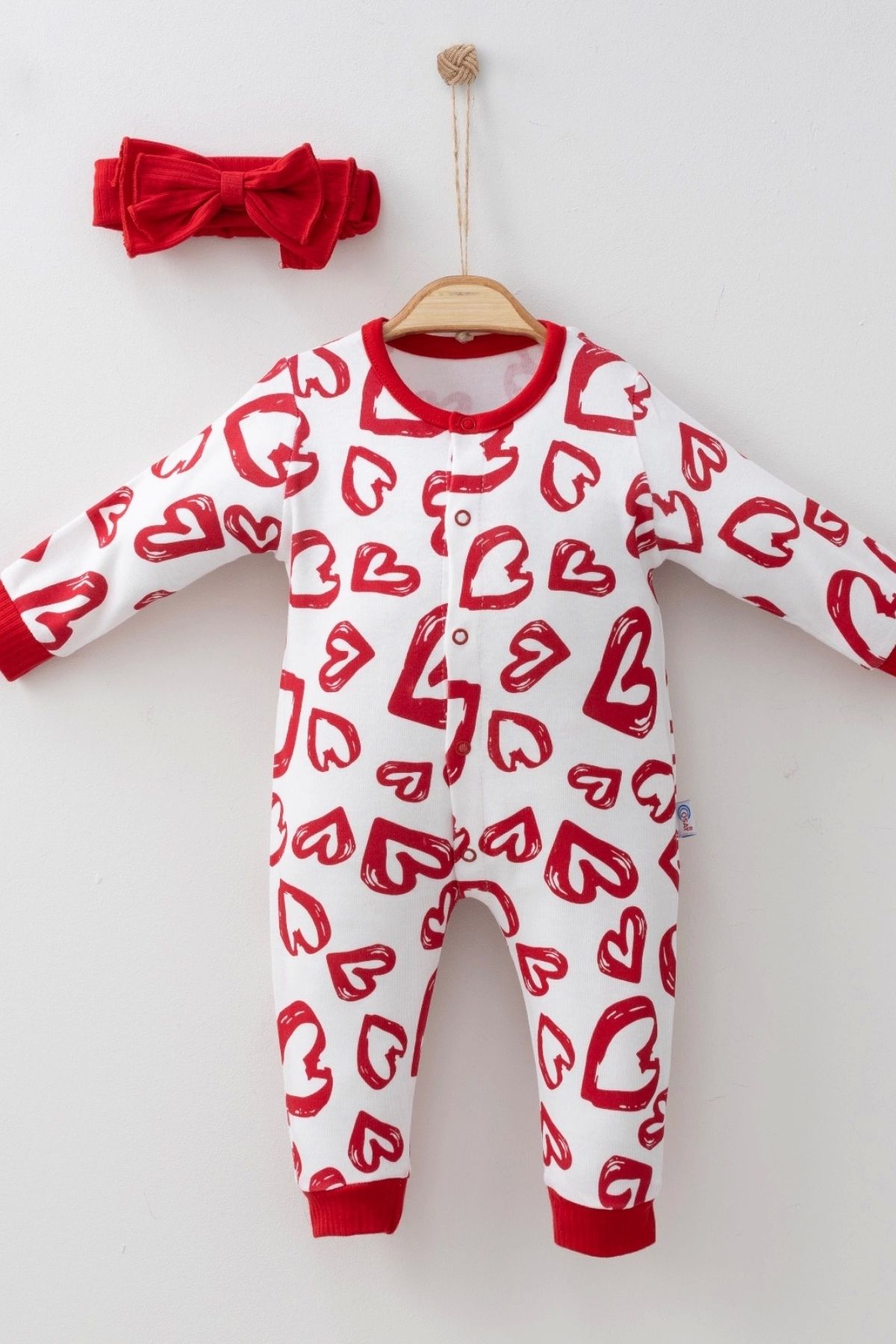 Babydonat Kırmızı Kalp Desenli % 100 Pamuk Kız Bebek Tulum