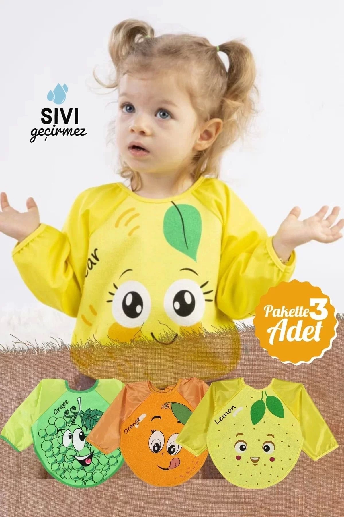 Kids 3 Adet Giyilebilir Meyve Desenli Kollu Önlük