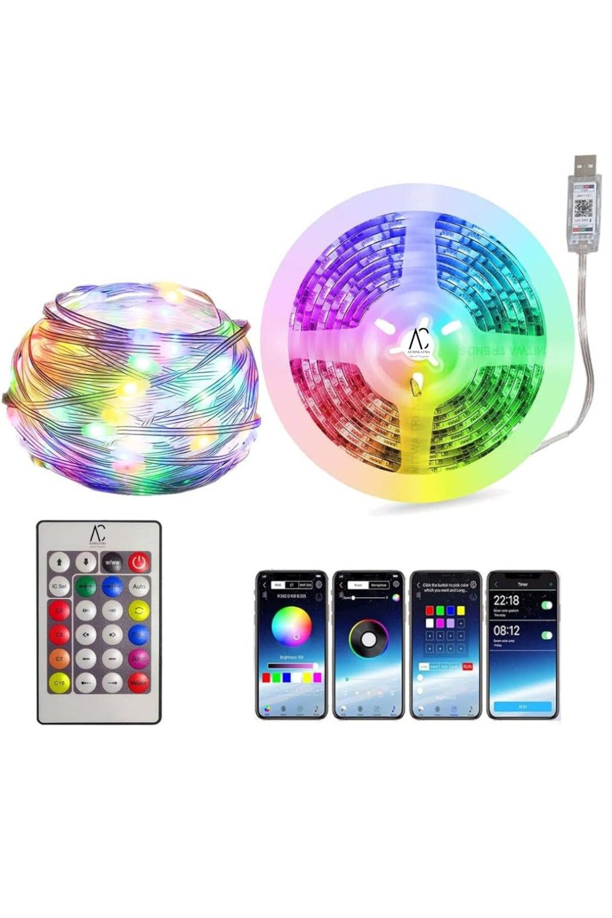 AC AYDINLATMA 10 Metre RGB Şerit Led - Kumanda ve Mobil Aplikasyon Kontrol- Su Geçirmez / Sese Duyarlı