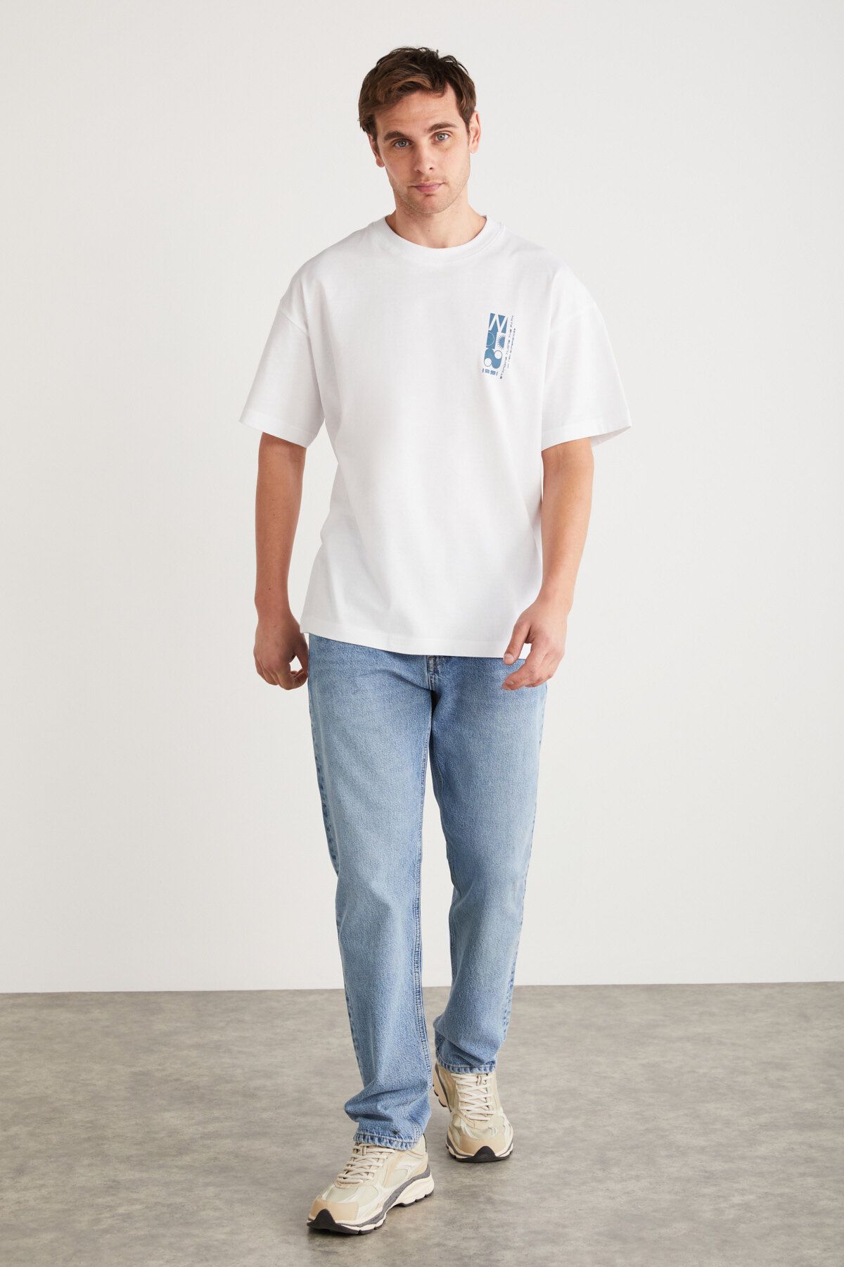 GRIMELANGE ANTONIO Erkek %100 Pamuk Kısa Kollu Önü Baskılı Oversize Beyaz T-Shirt