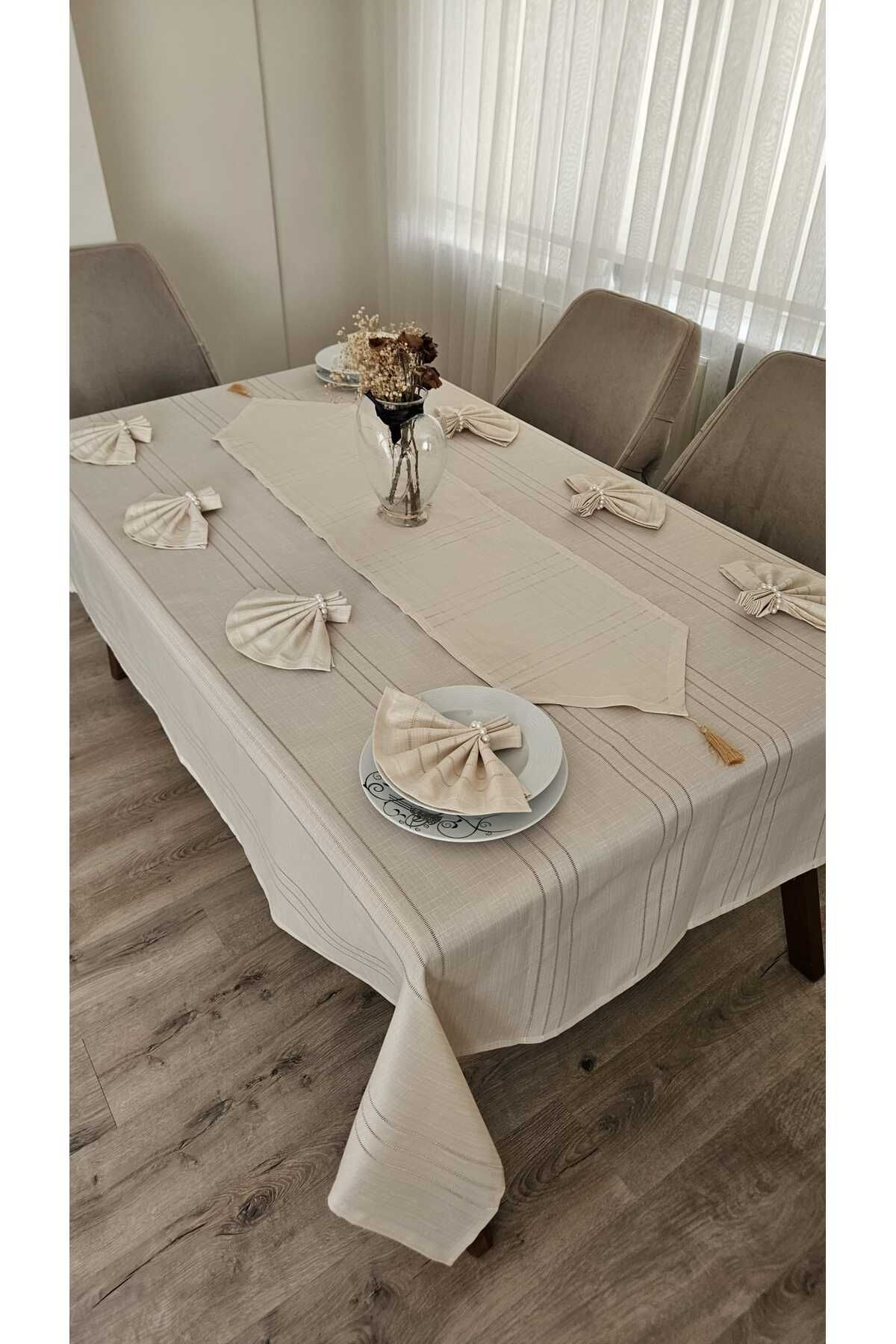 ZESA HOME Colber Çizgi Detaylı Masa Örtüsü Cappucino 12 Kişilik 26 Parça - Masa 160X220...160X400