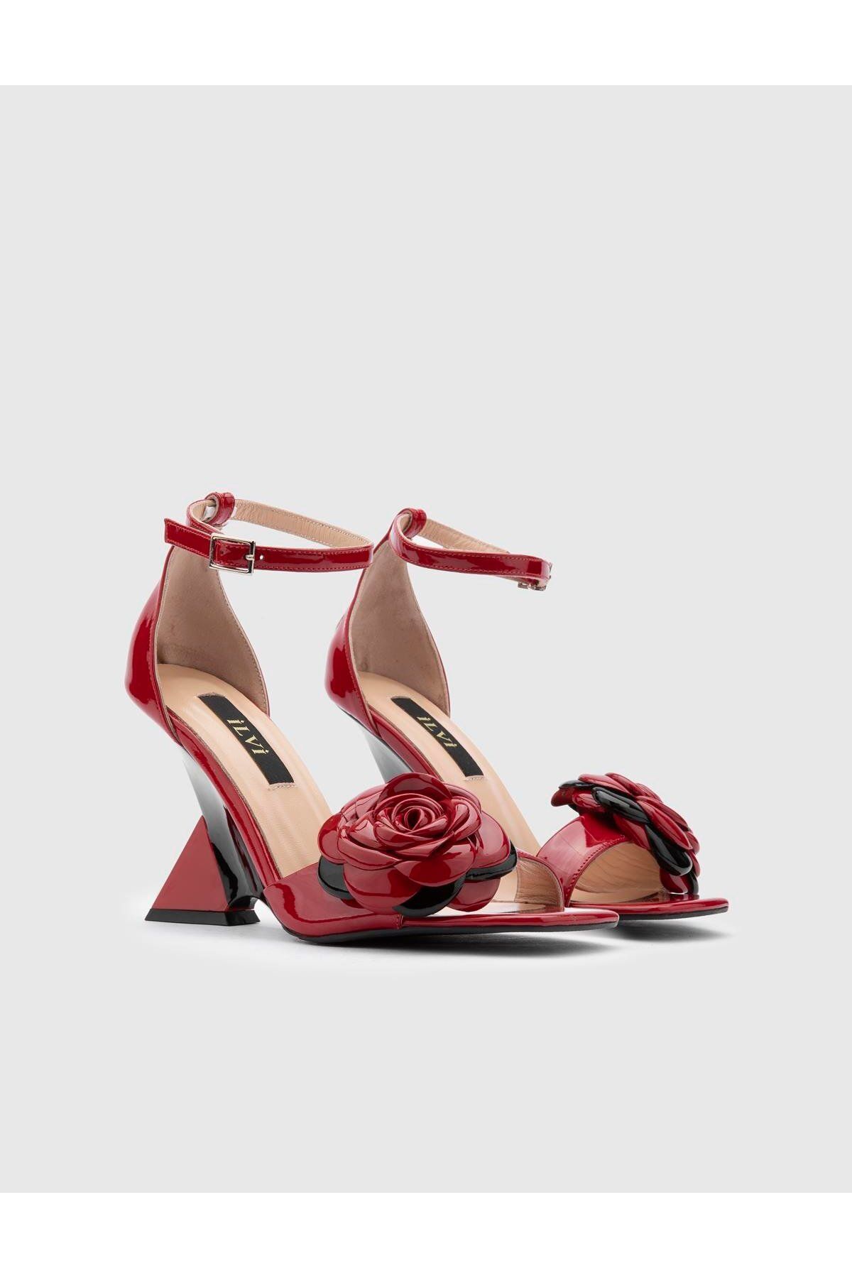 İlvi Donny Hakiki Rugan Deri Kadın Kırmızı Topuklu Sandalet