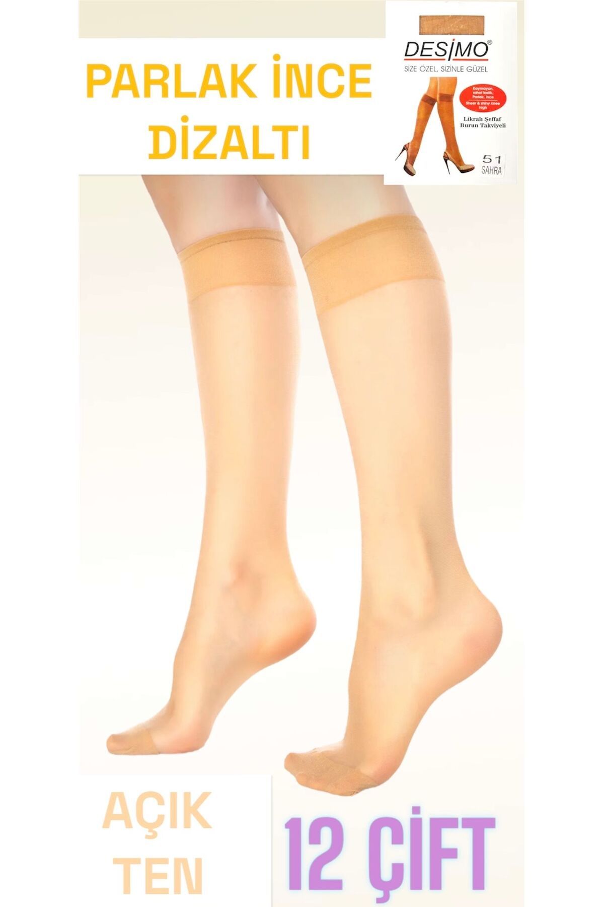 Desimo 12'li Parlak Ince Açık Ten Fit 15 Dizaltı Kadın Çorap.