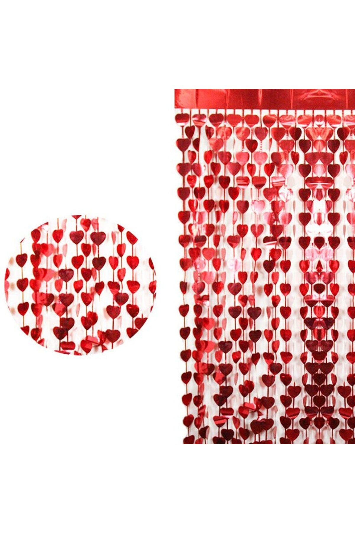 Genel Markalar Kırmızı Renk Kalp Şekilli Metalize Saçaklı Arka Fon Perde Dekorasyon (4172)