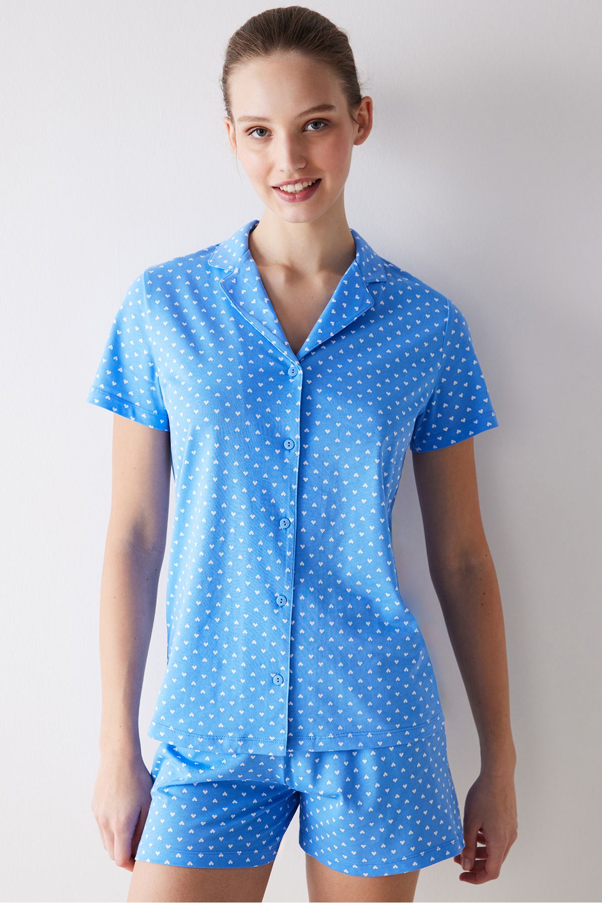 Penti Tiny Hearts Mavi Gömlek Şort Pijama Takımı