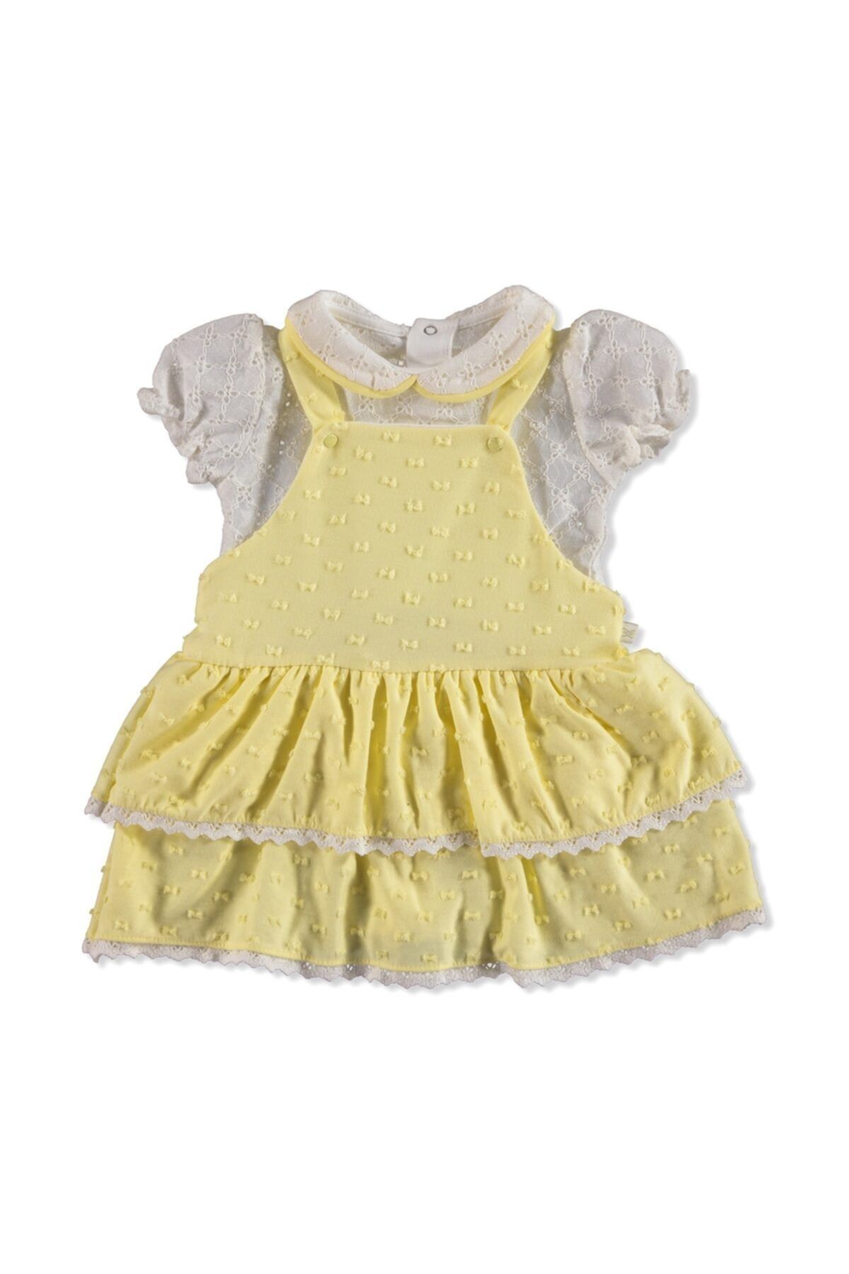 Mymio Kız Bebek Sarı Fiyonklu Kısa Kol Çıtçıtlı Yaka Salopet 2'li