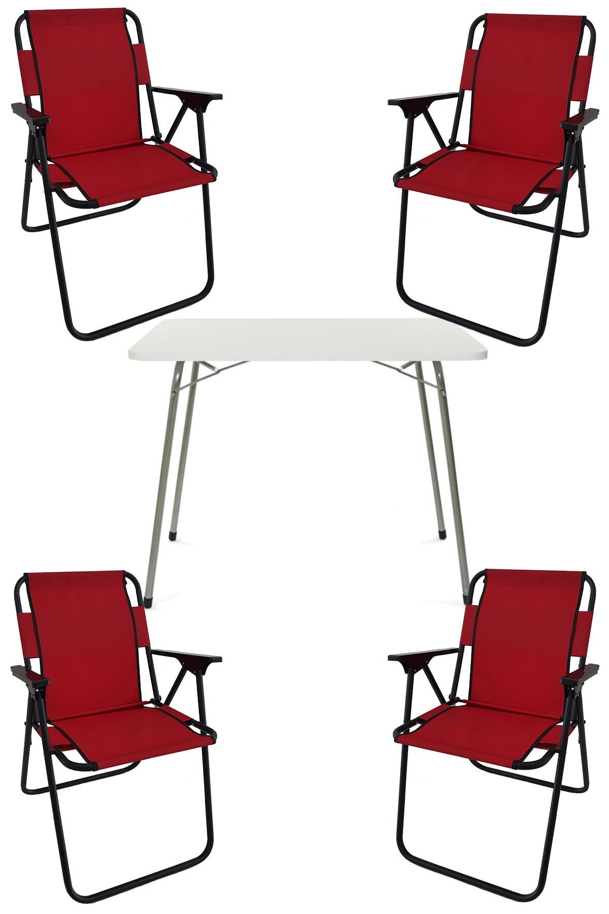 Bofigo 60x80 Beyaz Katlanır Masa + 4 Adet Katlanır Sandalye Kamp Seti Bahçe Takımı Kırmızı