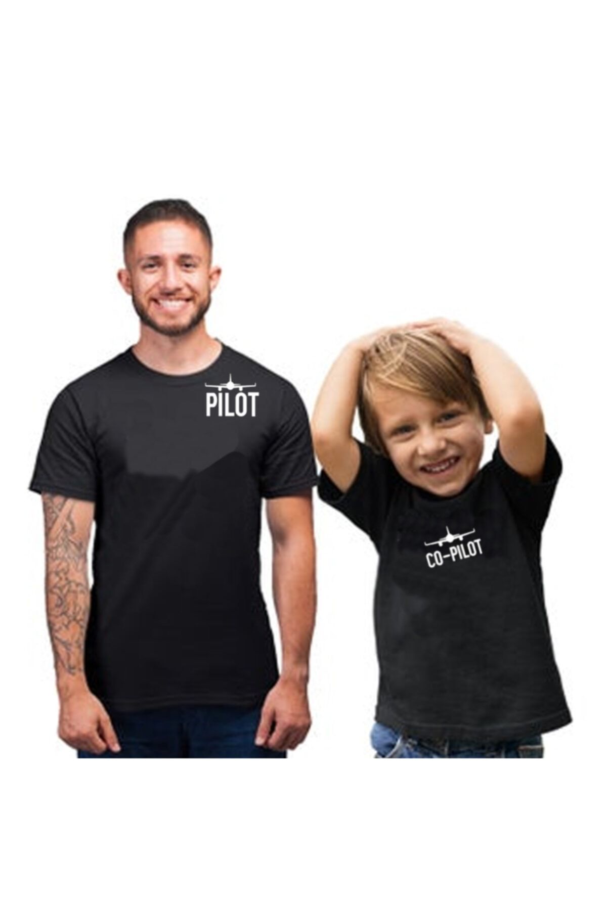 HediyeMania Babalar Gününe Özel Baba Oğul Pamuklu Tişört Kombini Pilot Co-pilot Siyah T-shirt 2 Adet Tshirt
