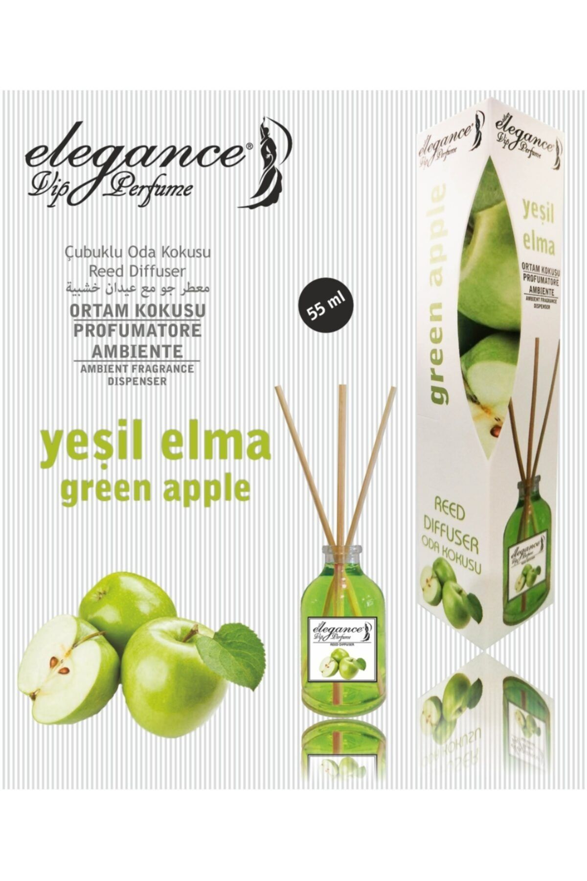Elegance vip Perfume Yeşil Elma Reed Diffuser Bambu Çubuklu Oda Kokusu 55 ml