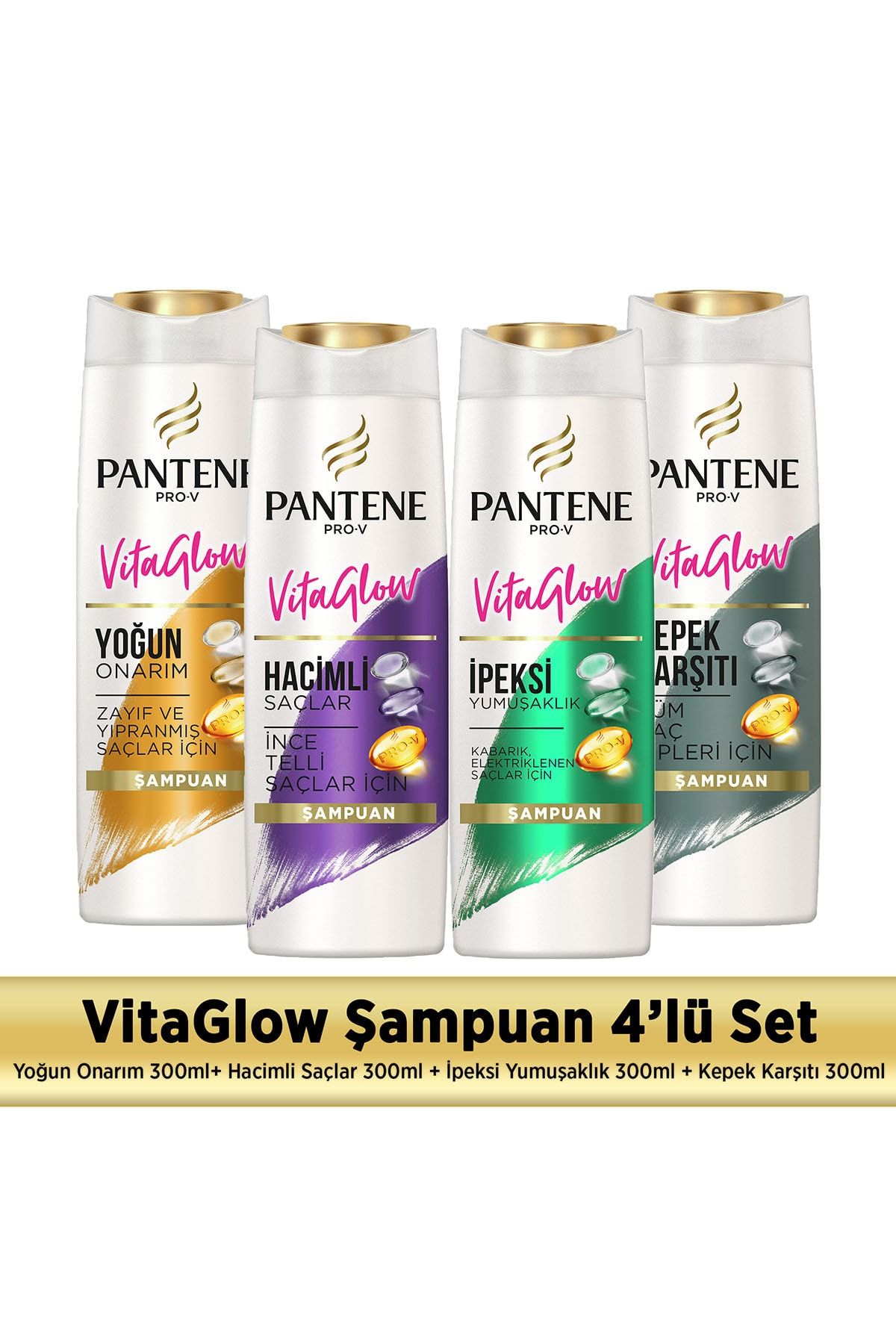 Pantene Vitaglow 4'lü Şampuan Set 300mlx4 (Yoğun Onarım+Hacimli Saçlar+İpeksi Yumuşak+Kepek Karşıtı)