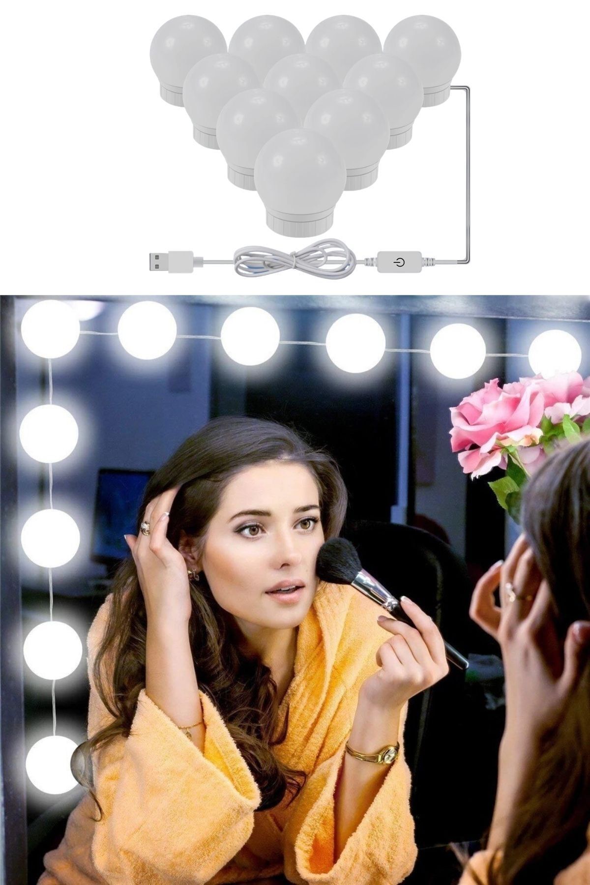 Buffer Nostalji Hollywood Tarzı 10'lu Makyaj Masası Aynası Beyaz Led Işıklı Lamba Usb