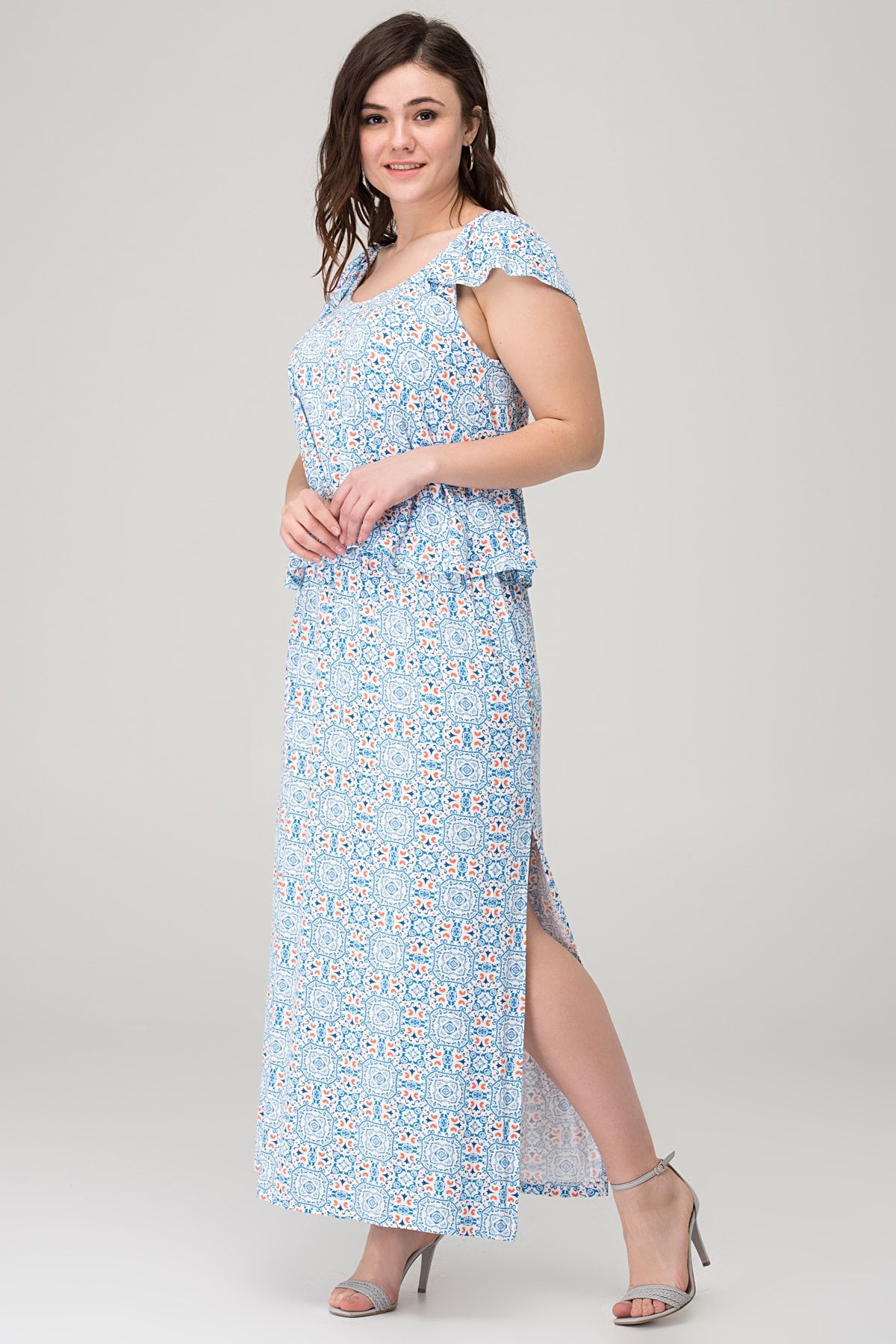Şans Tekstil Kadın Mavi Desenli Viskon Elbise 85n5707