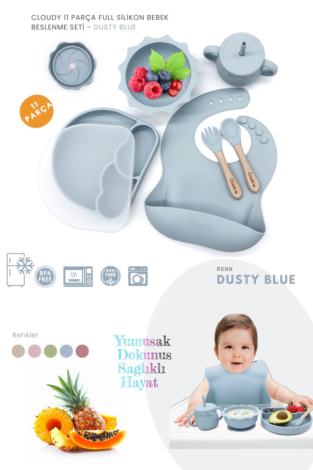 Kiwi Cloudy 11 Parça Full Silikon Bebek Beslenme Seti: Güvenli, Esnek, BPA / PVC İçermez, Doğal